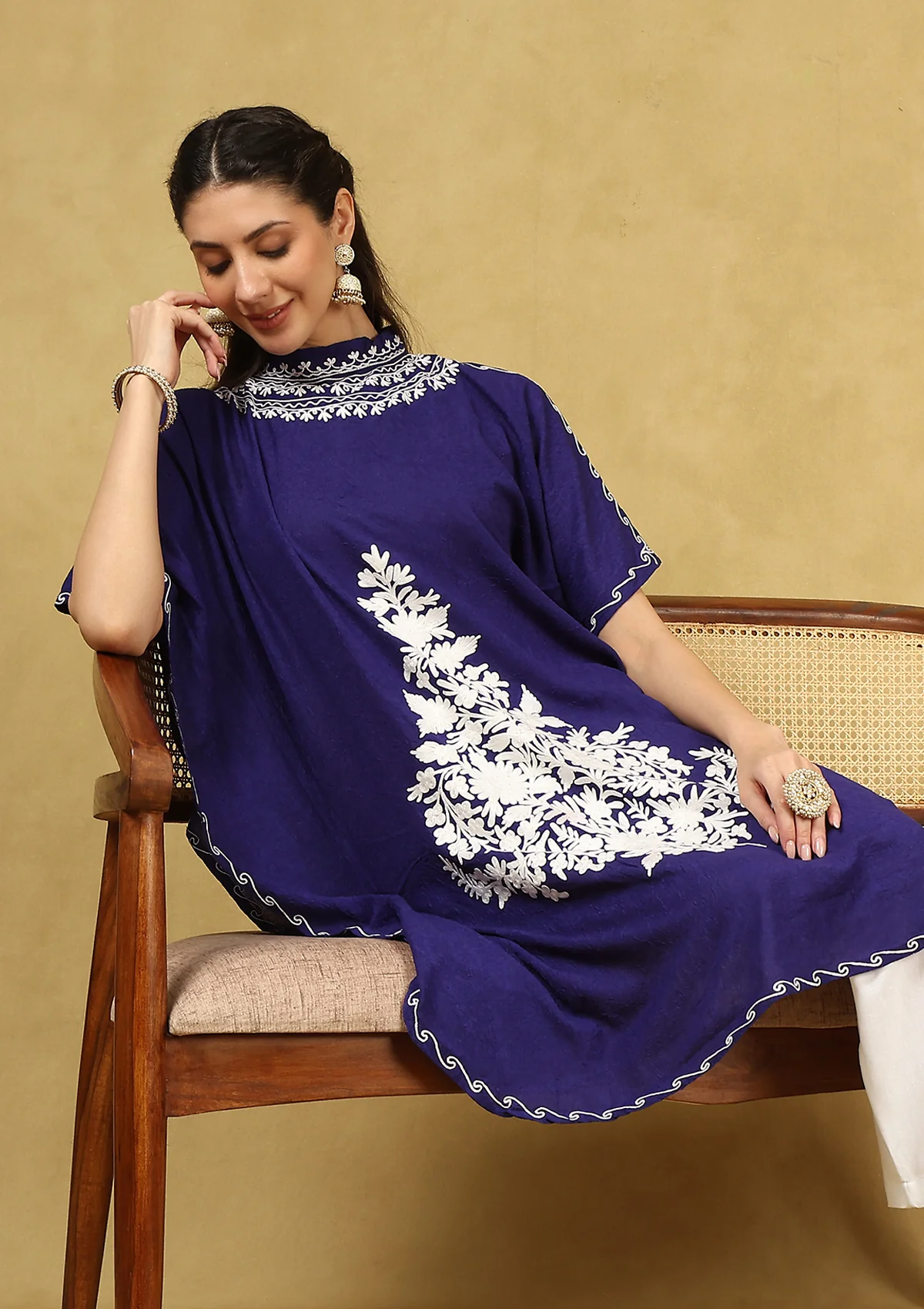 HOC Crafts Aari Embroidered Cotton Solid Women's Kaftan - Blue - Image 4