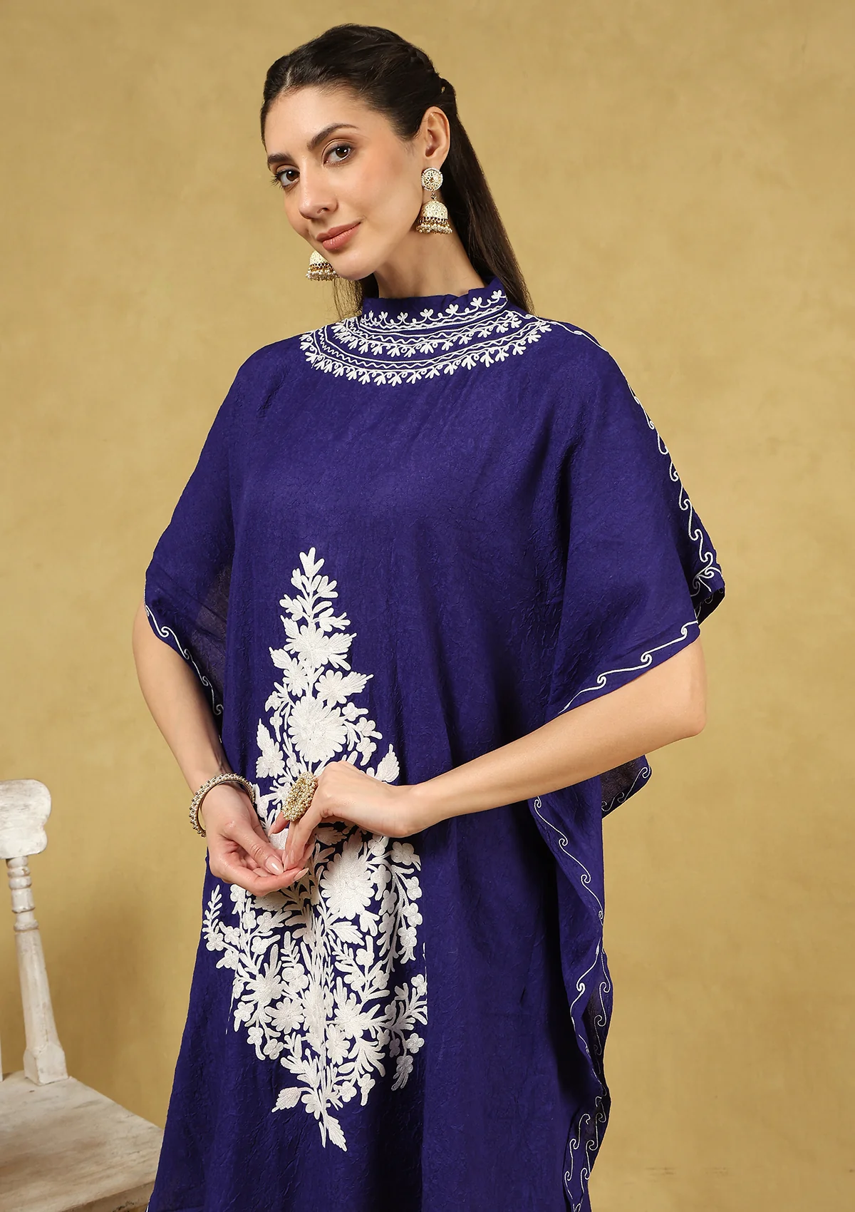 HOC Crafts Aari Embroidered Cotton Solid Women's Kaftan - Blue - Image 5