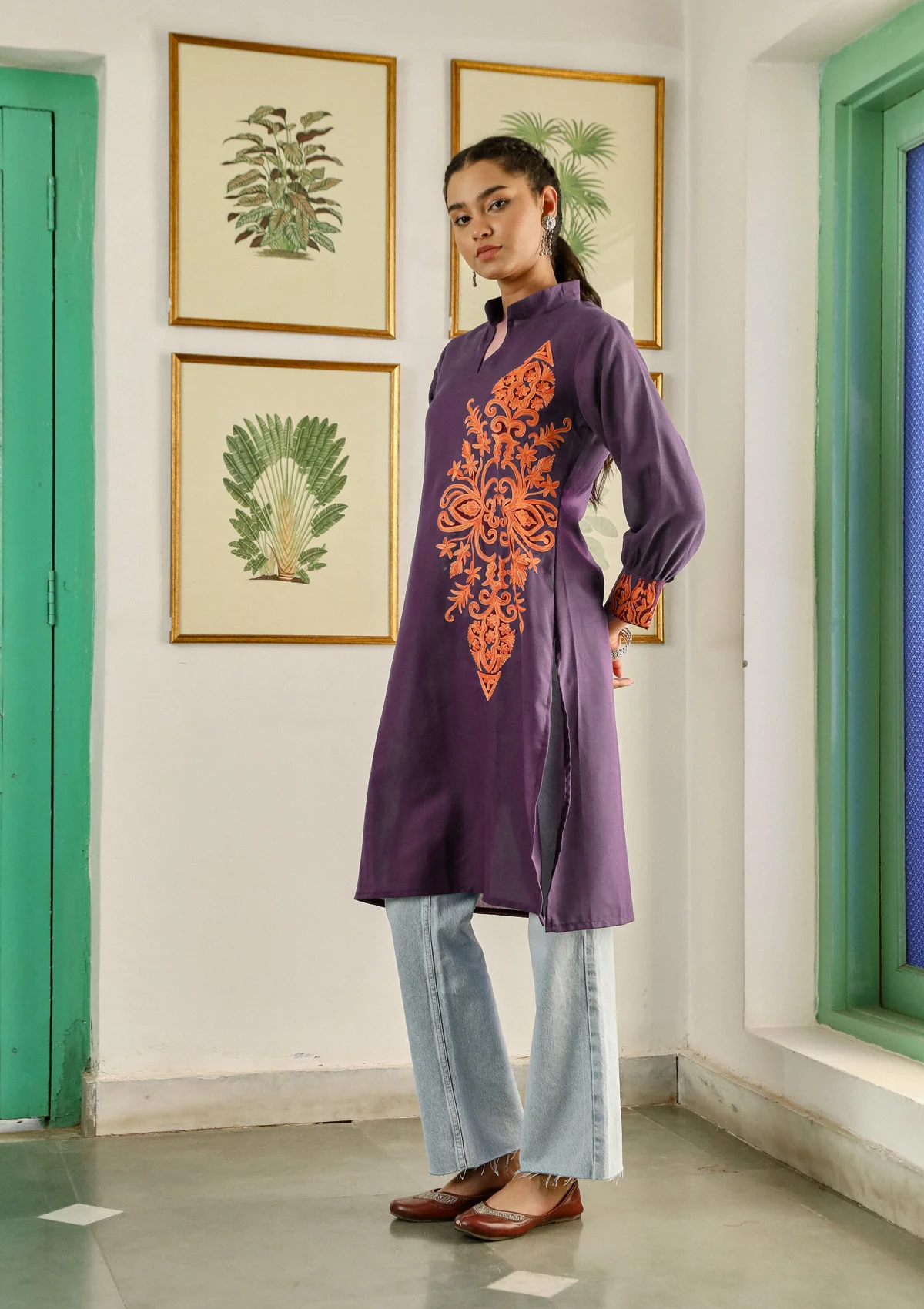 HOC Aari Embroidered Cotton Solid Women's Long Kurta - Purple - Image 4