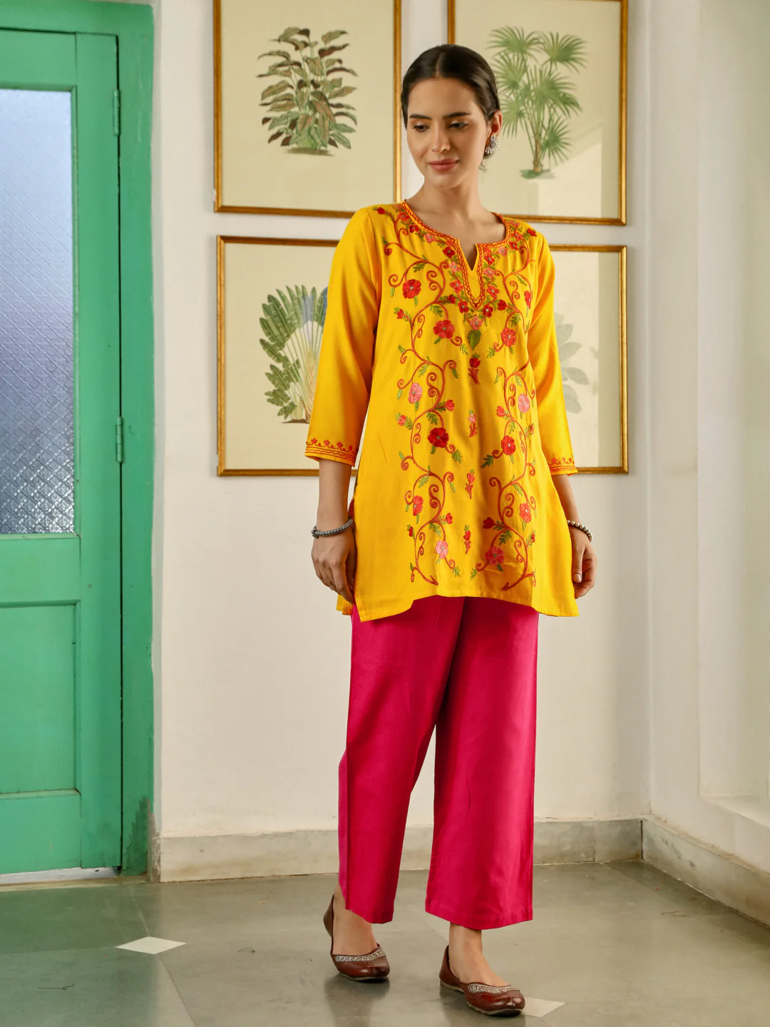 HOC Aari Embroidered Cotton Solid Women's Short Kurta - Yellow - Image 4