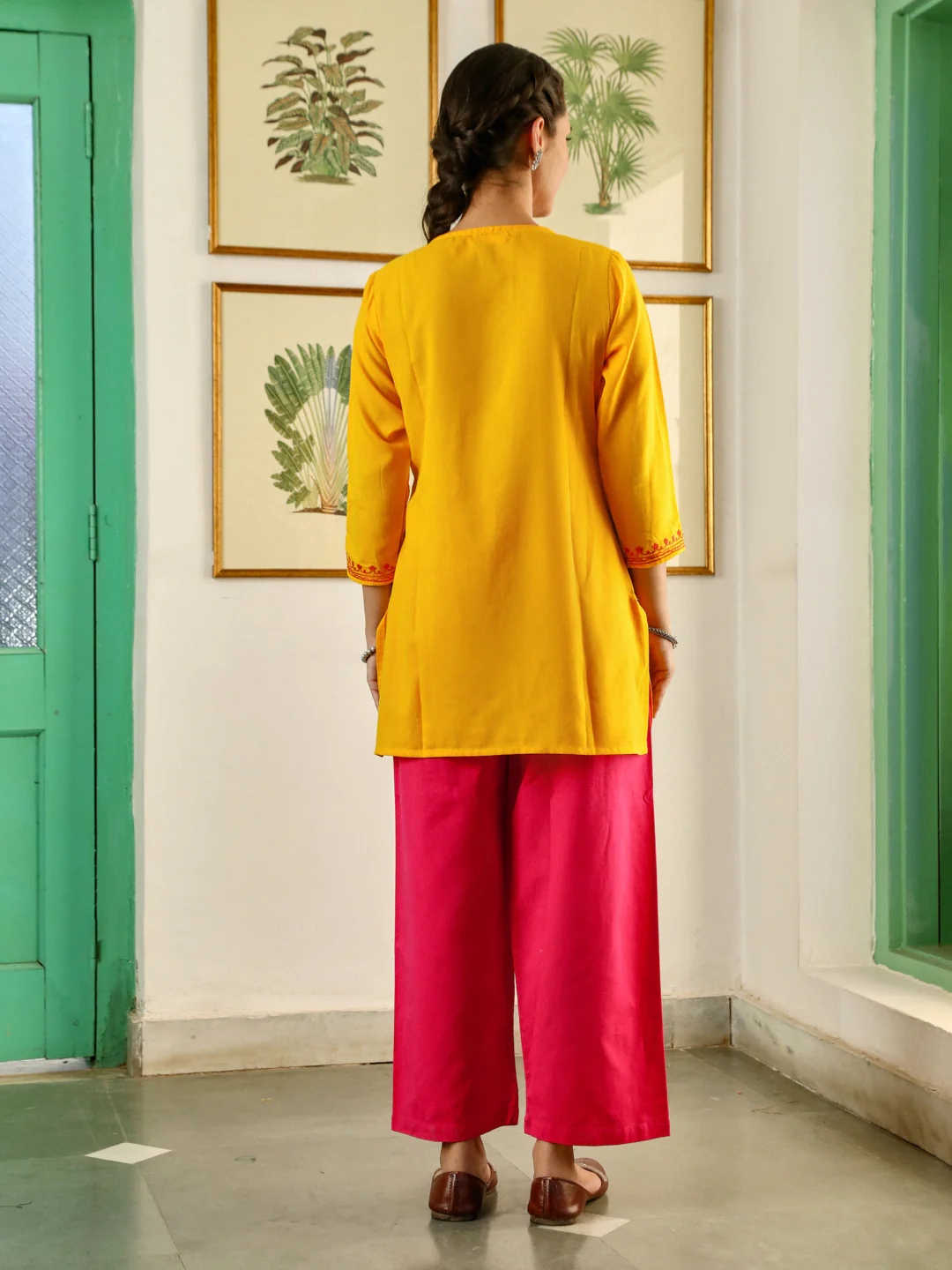 HOC Aari Embroidered Cotton Solid Women's Short Kurta - Yellow - Image 5