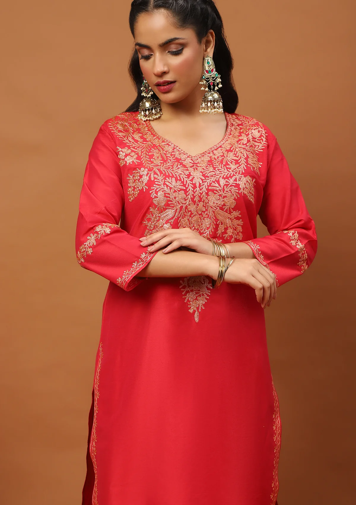HOC Art Silk Embroidered Zari Work Solid Women's 2 PC Long Kurta Set - Red - Image 3