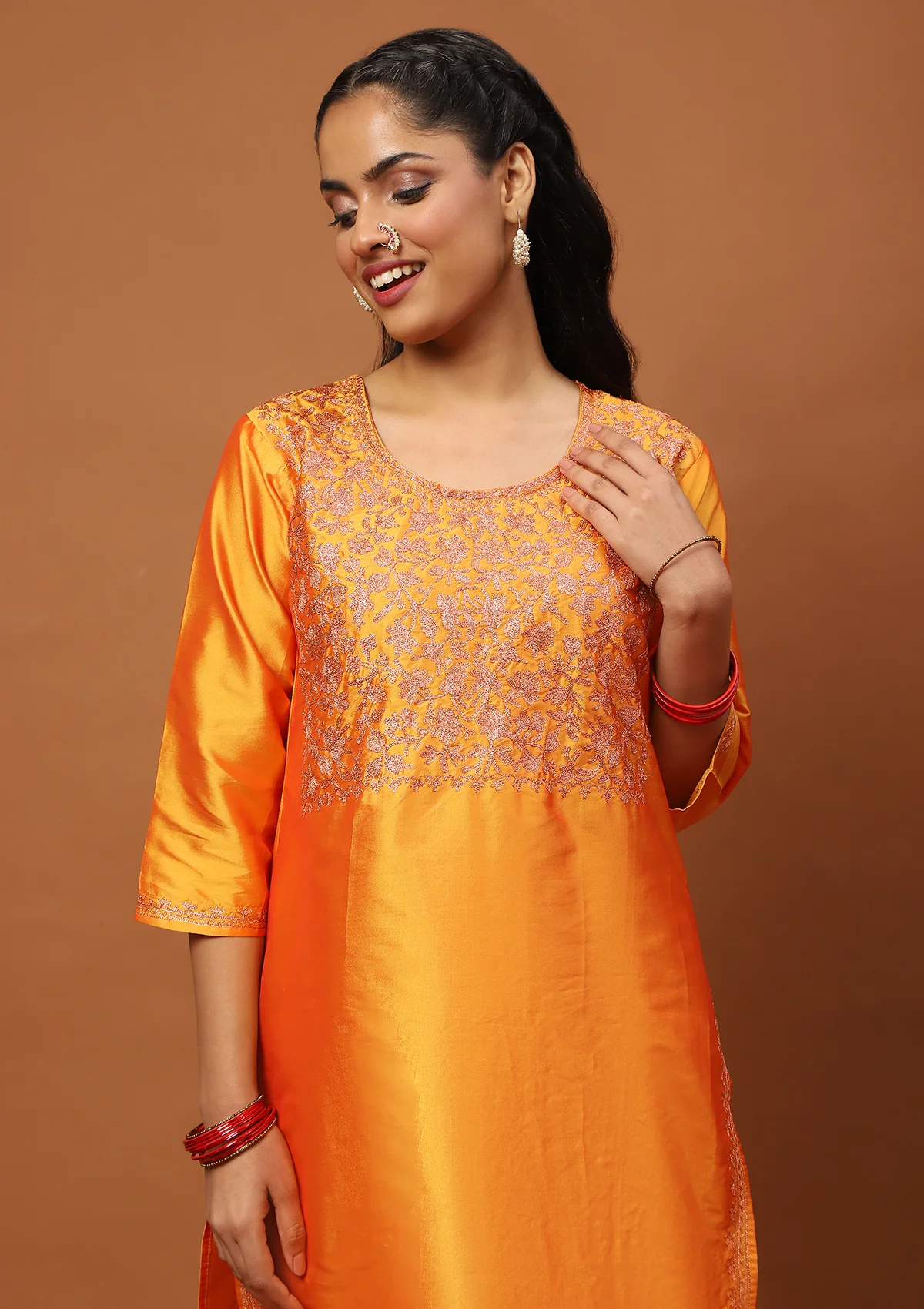 HOC Art Silk Embroidered Zari Work Solid Women's 2 PC Long Kurta Set - Mustard Yellow - Image 4