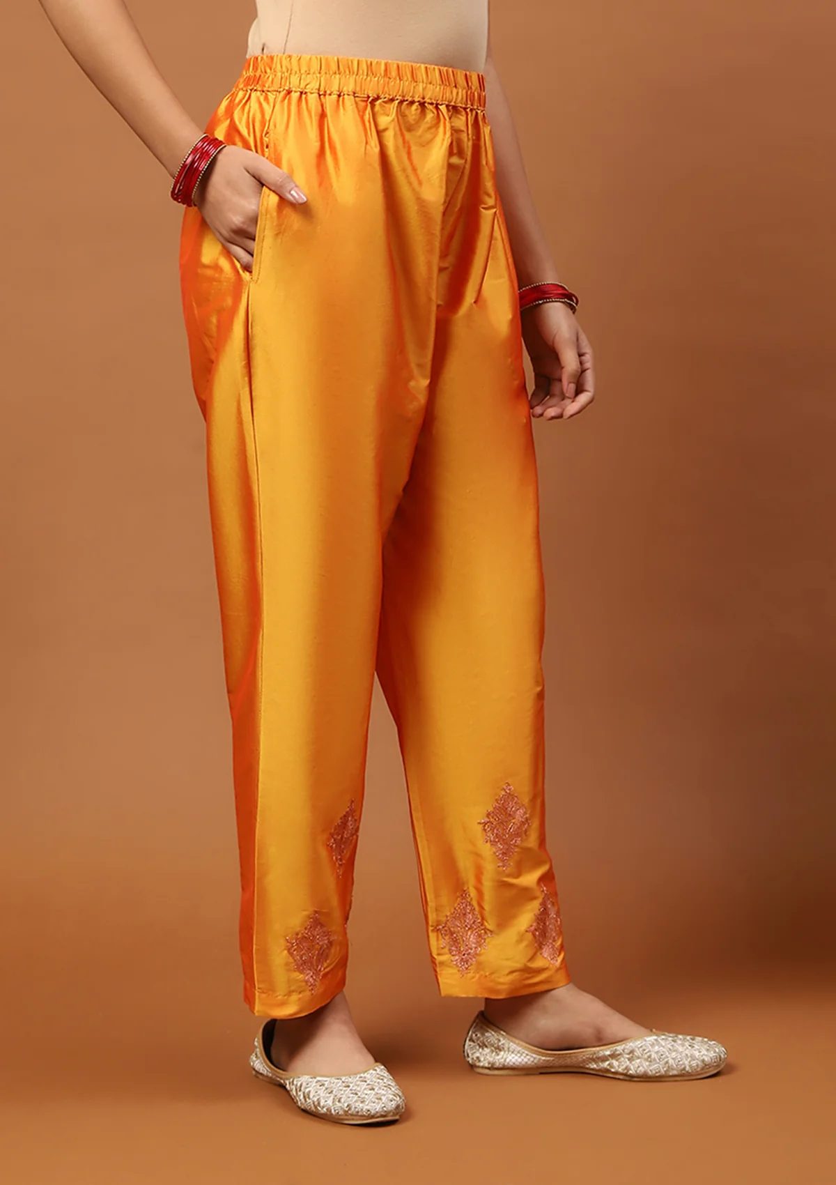 HOC Art Silk Embroidered Zari Work Solid Women's 2 PC Long Kurta Set - Mustard Yellow - Image 5