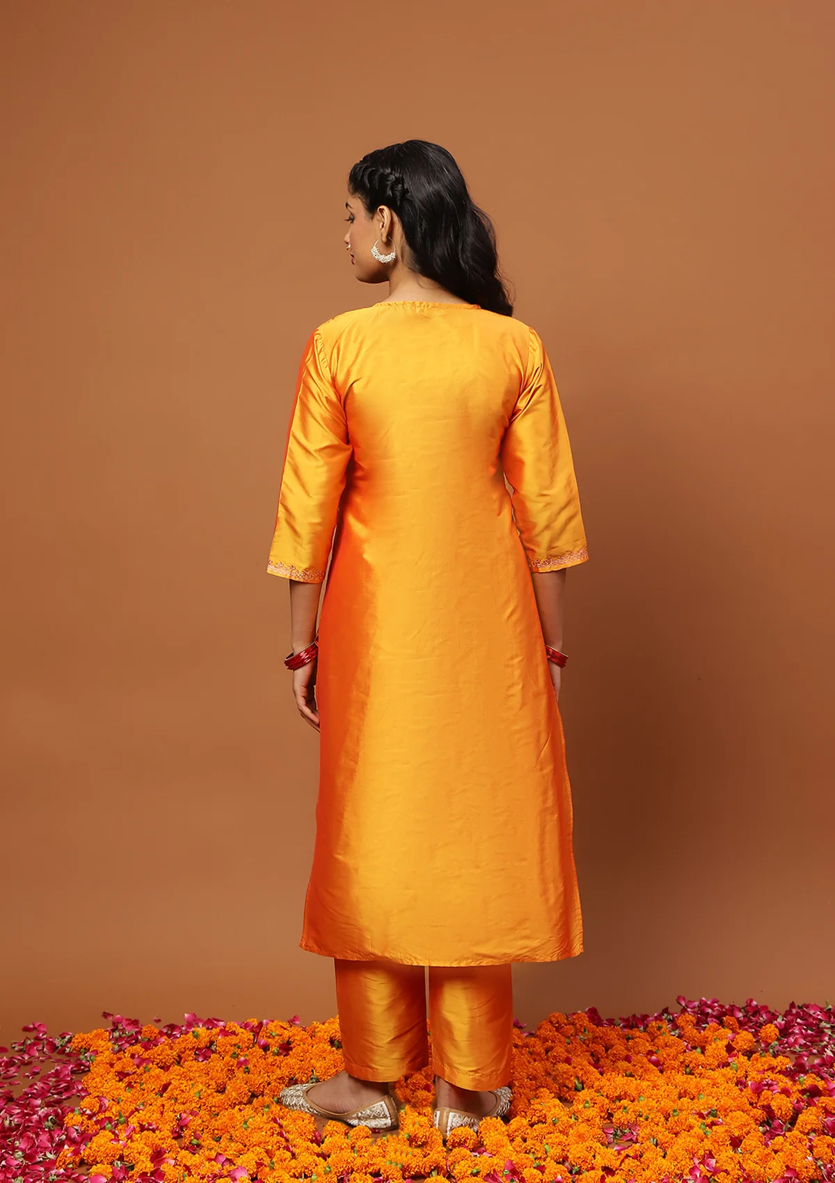 HOC Art Silk Embroidered Zari Work Solid Women's 2 PC Long Kurta Set - Mustard Yellow - Image 6