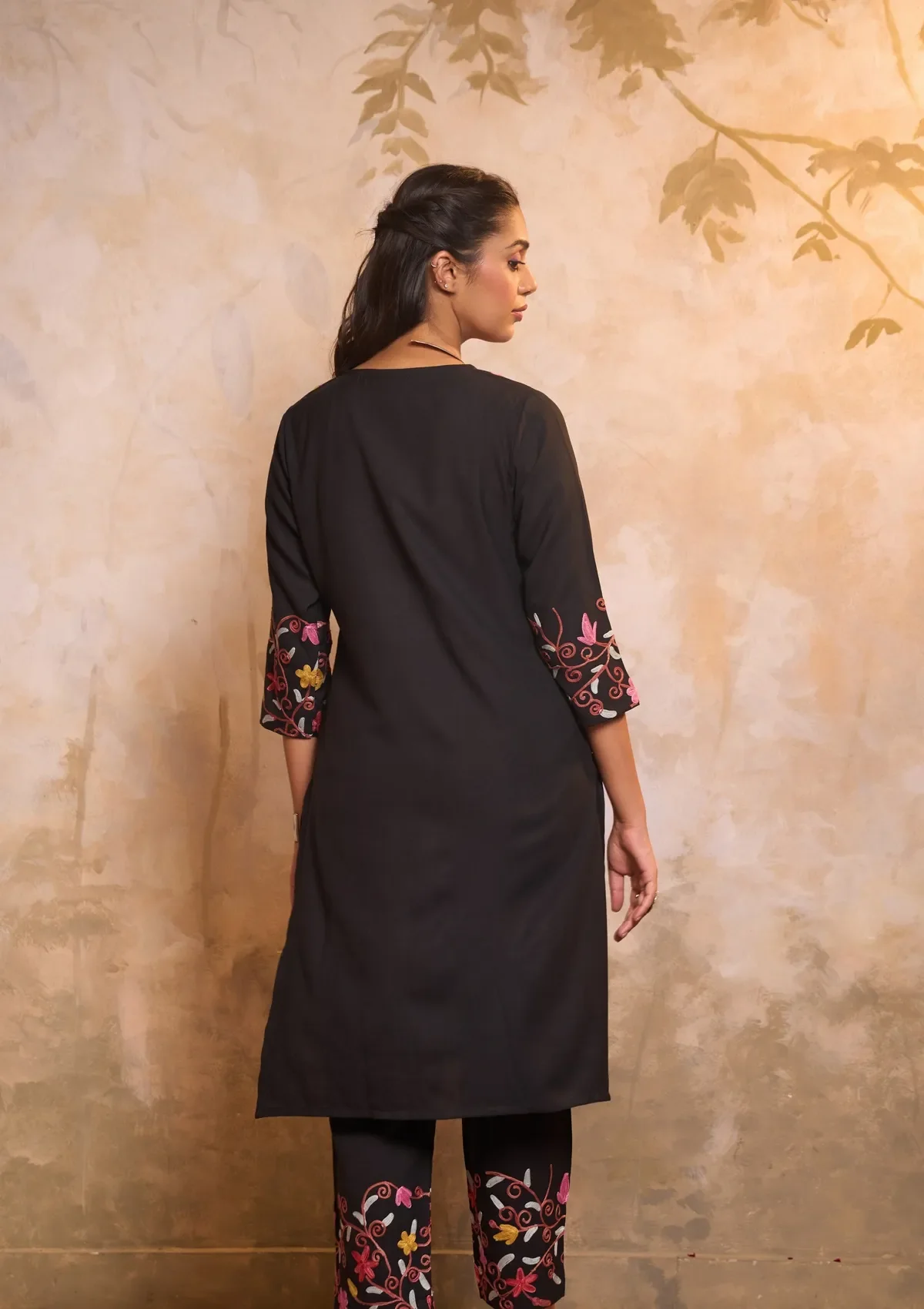 HOC Cotton Aari Embroidered Solid Women's 2 PC Long Kurta Set - Black - Image 8