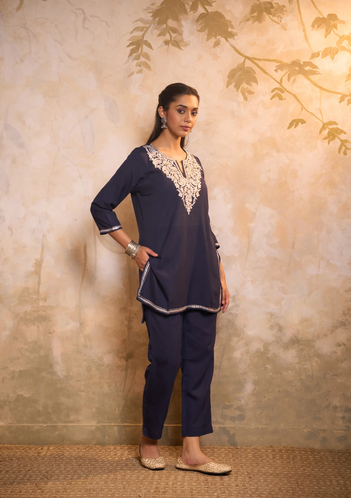 HOC Cotton Embroidered Zari Work Solid Women's 2 PC Co-ords-Set - Navy Blue - Image 3