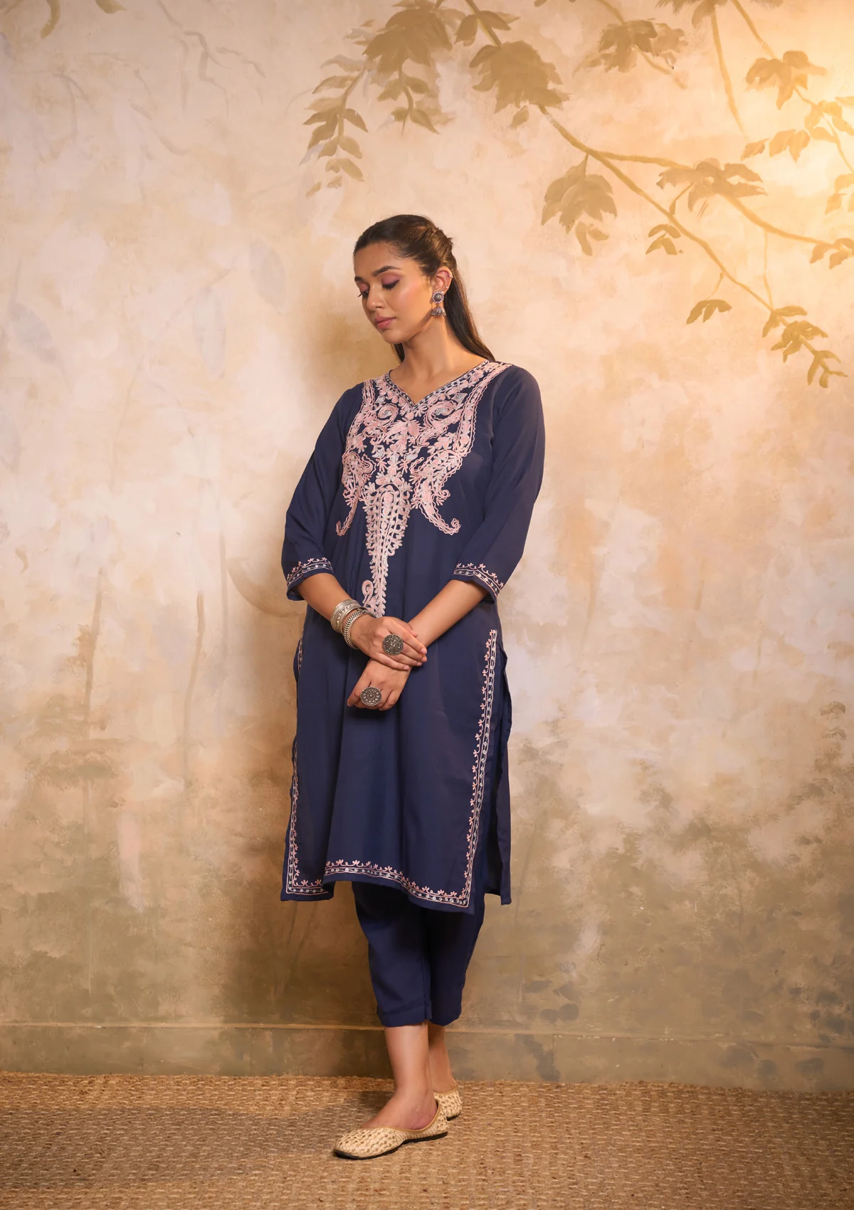 HOC Cotton Embroidered Aari With Zari Work Solid Women's 2 PC Long Kurta Set - Navy Blue - Image 3
