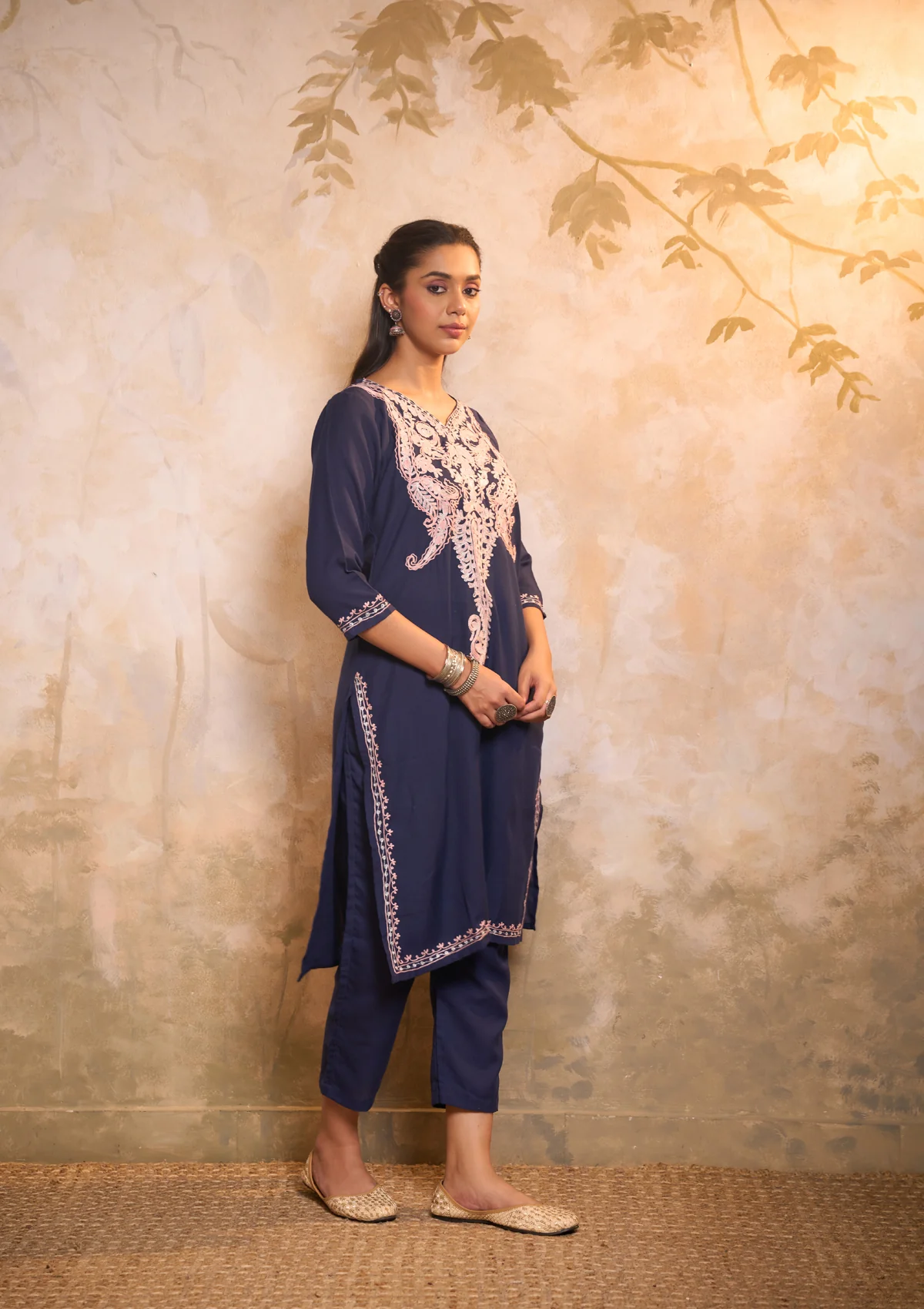 HOC Cotton Embroidered Aari With Zari Work Solid Women's 2 PC Long Kurta Set - Navy Blue - Image 4