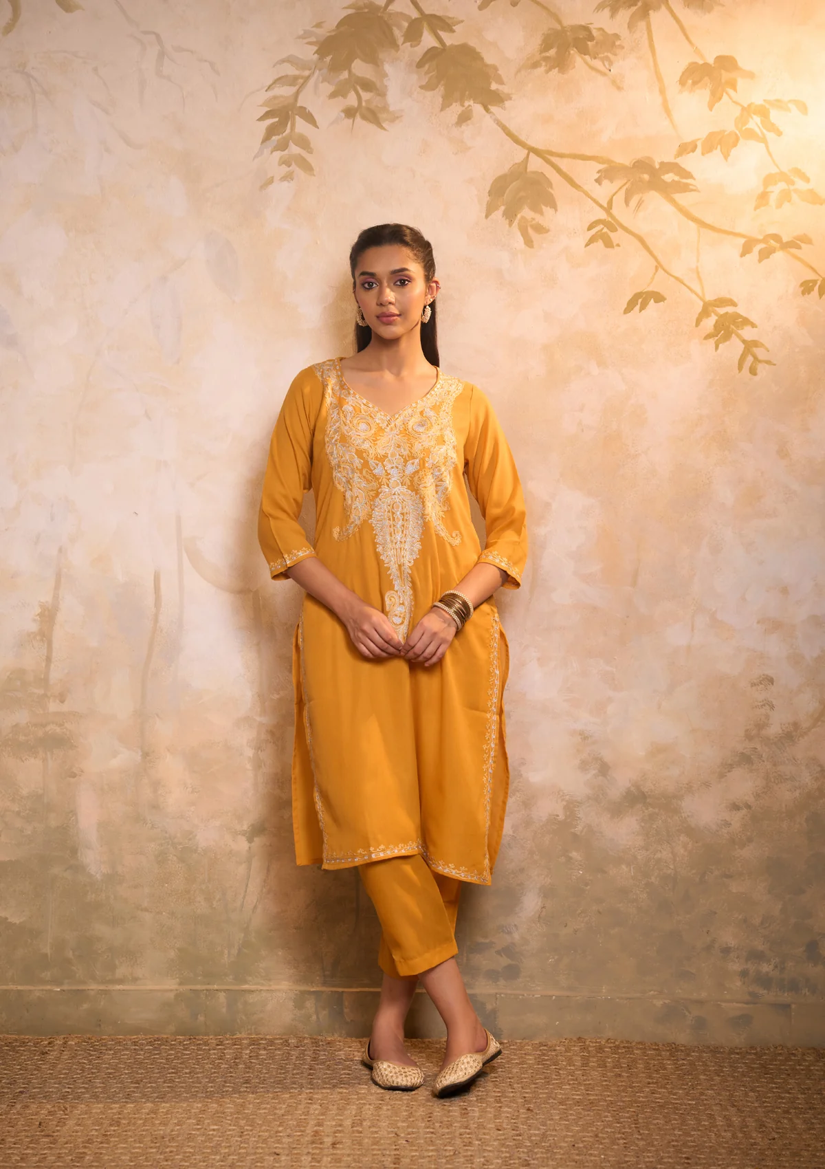 HOC Cotton Embroidered Aari With Zari Work Solid Women's 2 PC Long Kurta Set - Yellow