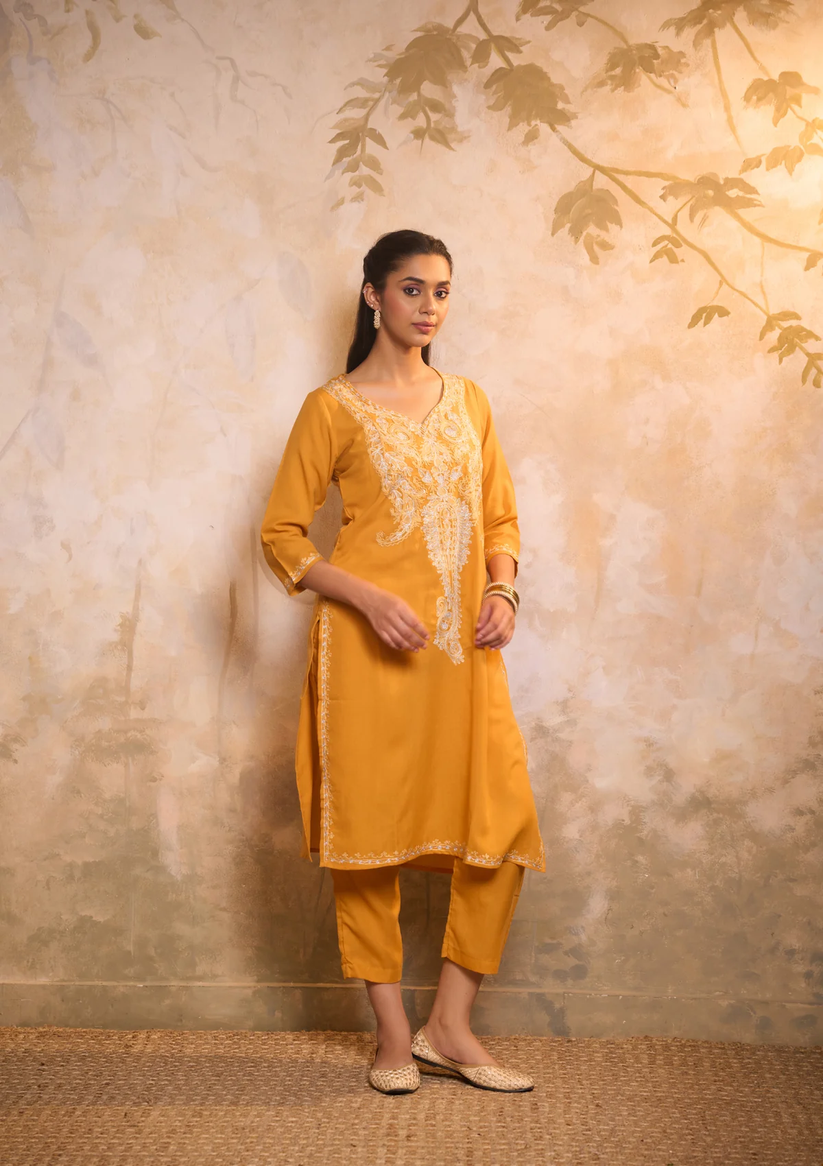 HOC Cotton Embroidered Aari With Zari Work Solid Women's 2 PC Long Kurta Set - Yellow - Image 3