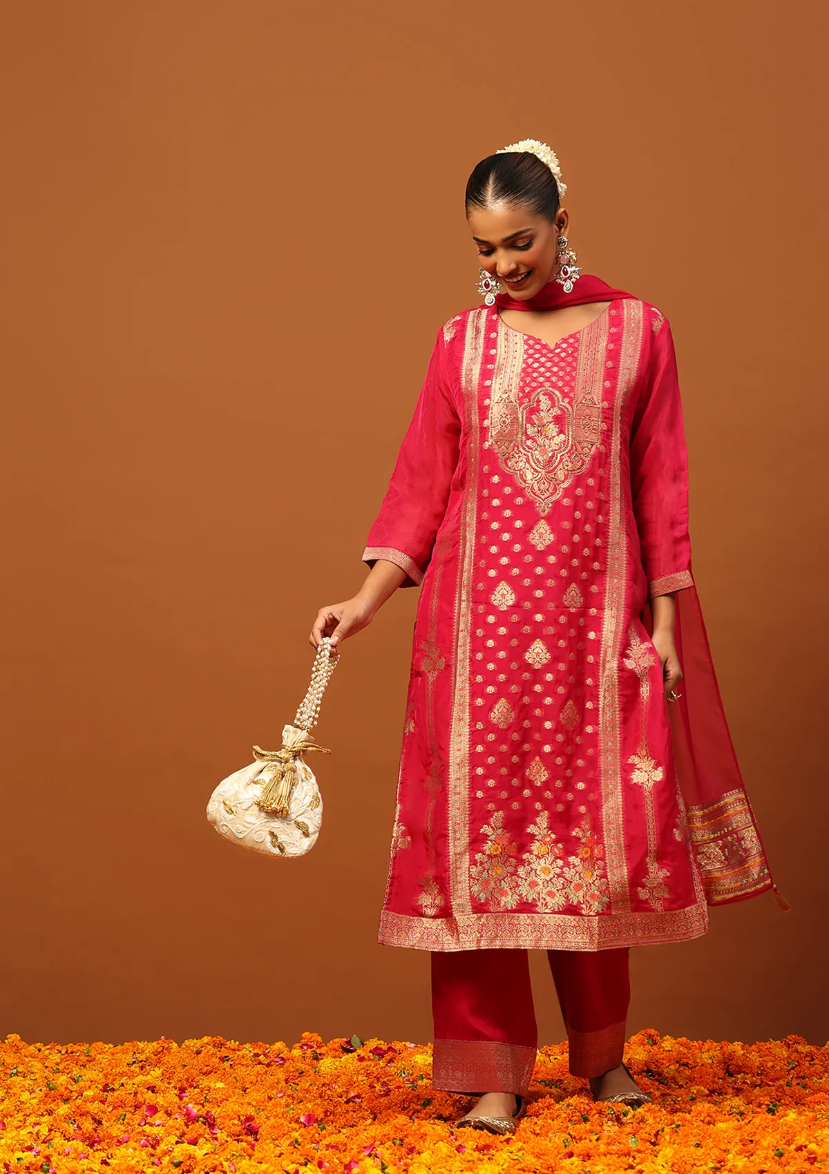 HOC Jacquard Organza Hand Embellished Women's 3 PC Straight Kurta Set - Magenta - Image 4