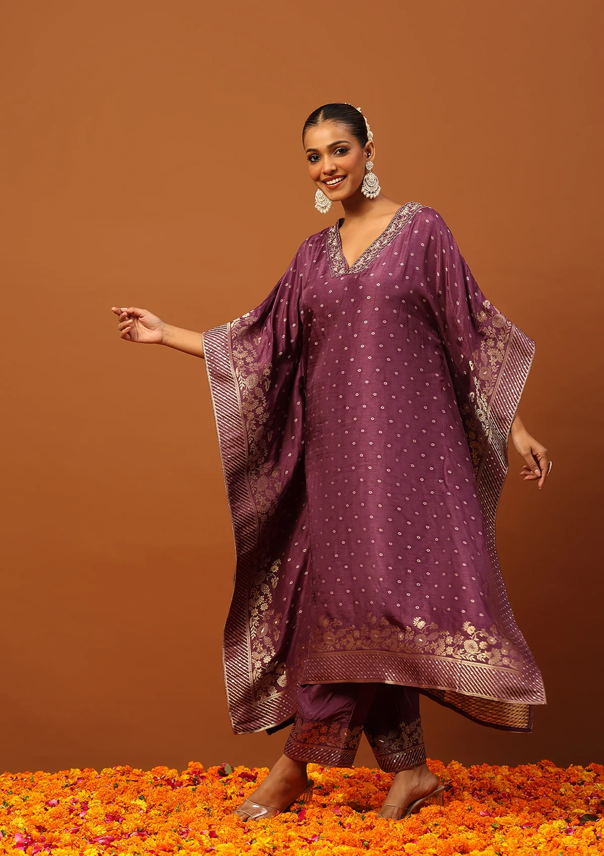 HOC Jacquard Silk Hand Embellished With Zari Women's Kaftan Set With Inner - Purple - Image 3