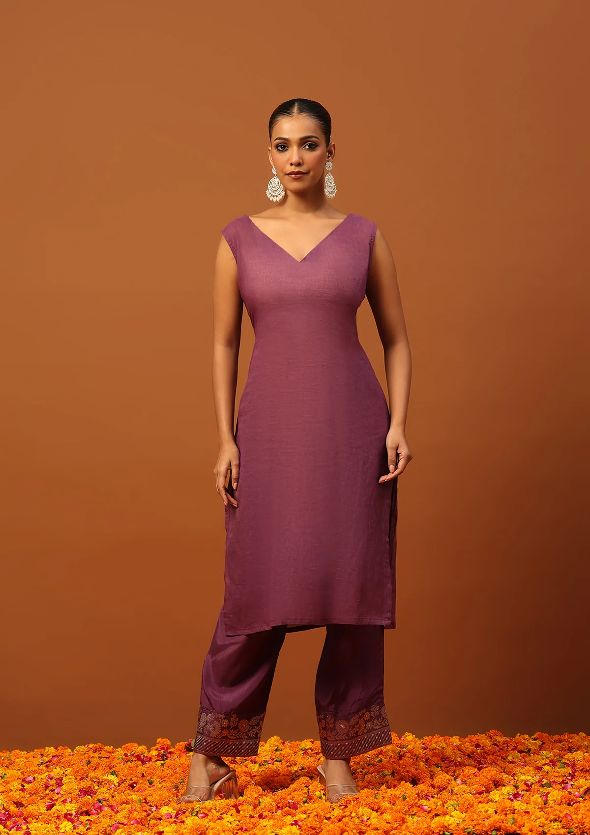 HOC Jacquard Silk Hand Embellished With Zari Women's Kaftan Set With Inner - Purple - Image 4