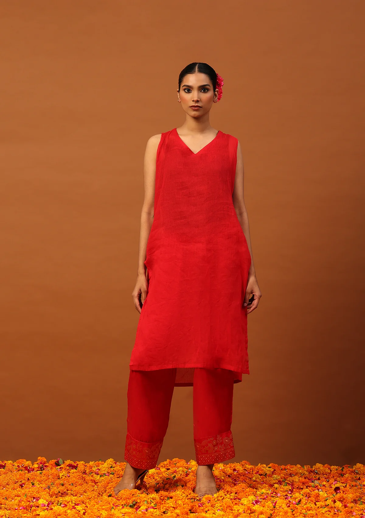 HOC Jacquard Silk Hand Embellished With Zari Women's Kaftan Set With Inner - Red - Image 5