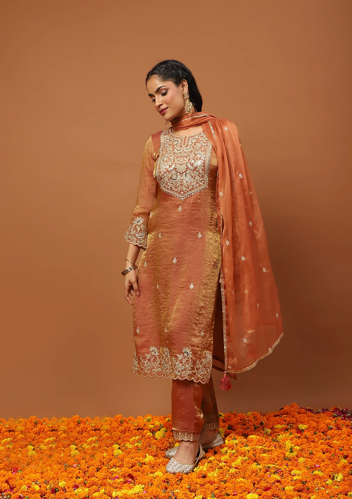 HOC Satin Tissue Silk Zardozi with Sequins Solid Women’s 3 PC Straight Kurta Set - Copper