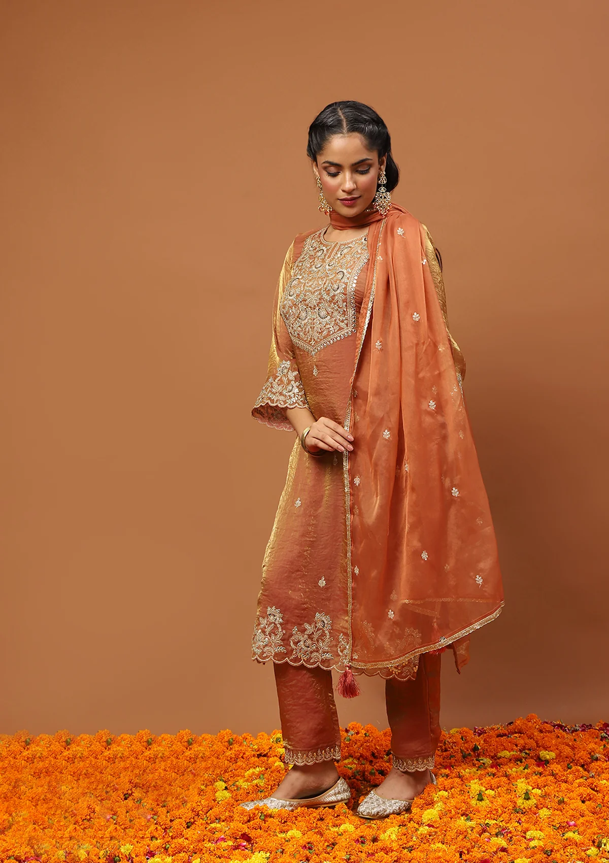 HOC Satin Tissue Silk Zardozi with Sequins Solid Women’s 3 PC Straight Kurta Set - Copper - Image 2