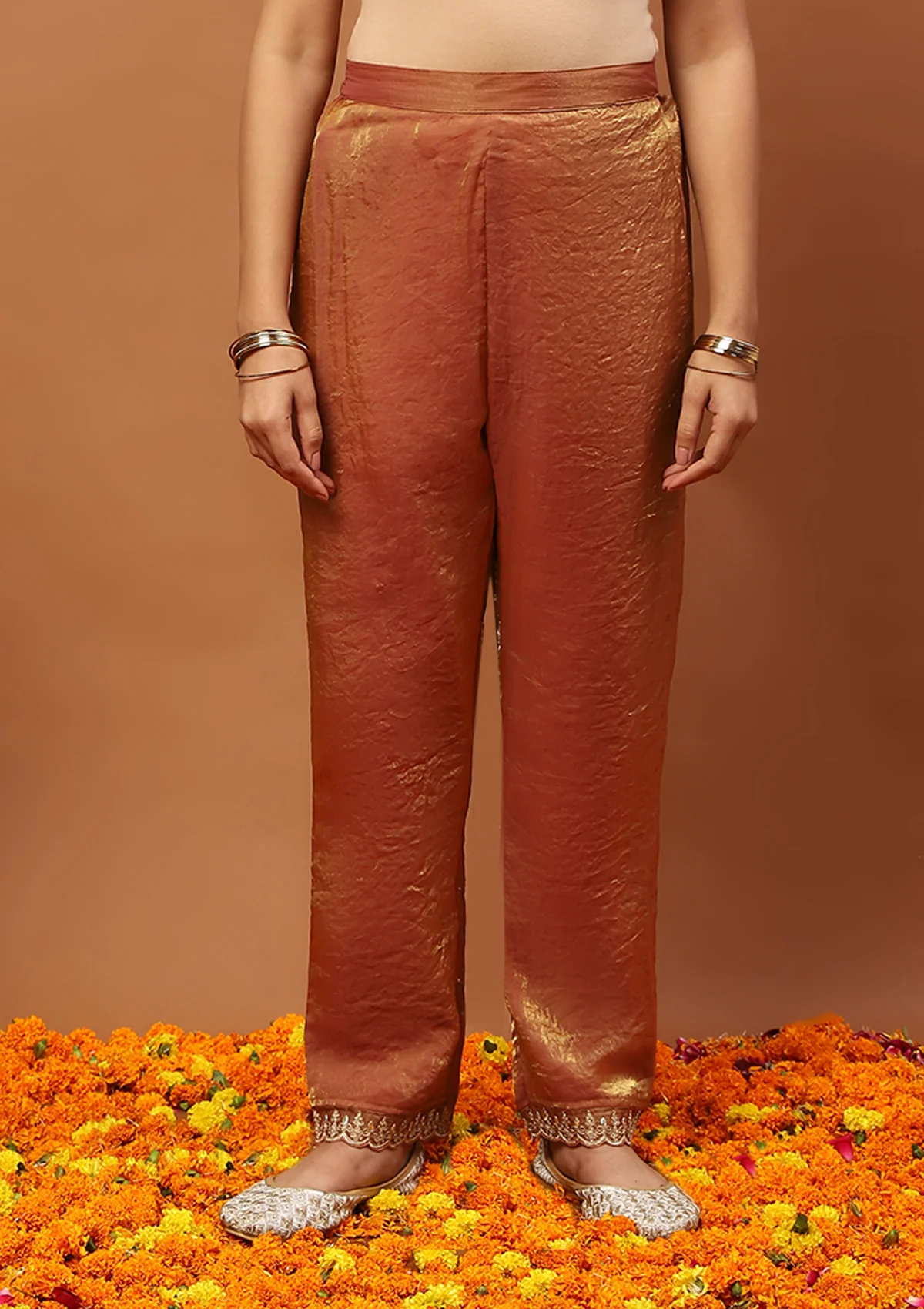 HOC Satin Tissue Silk Zardozi with Sequins Solid Women’s 3 PC Straight Kurta Set - Copper - Image 4