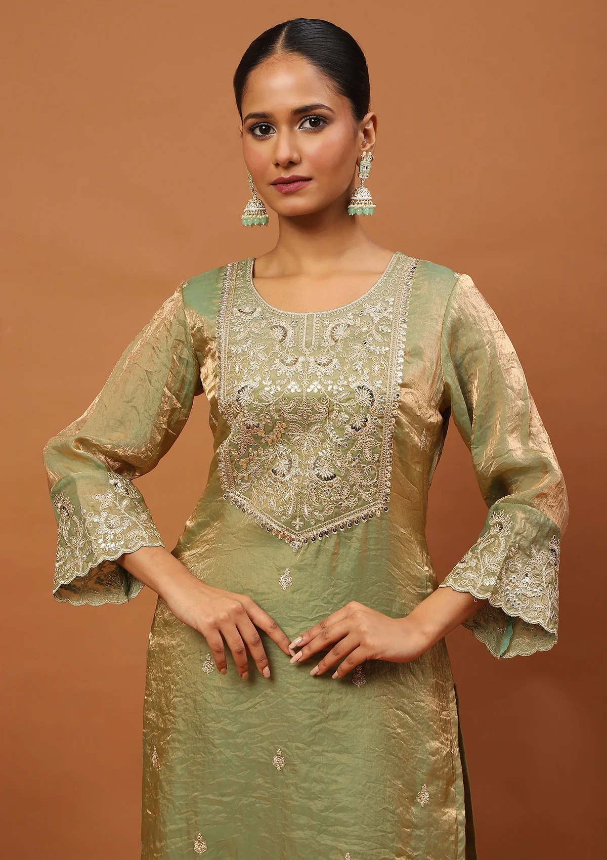 HOC Satin Tissue Silk Zardozi with Sequins Solid Women’s 3 PC Straight Kurta Set - Pista Green - Image 3