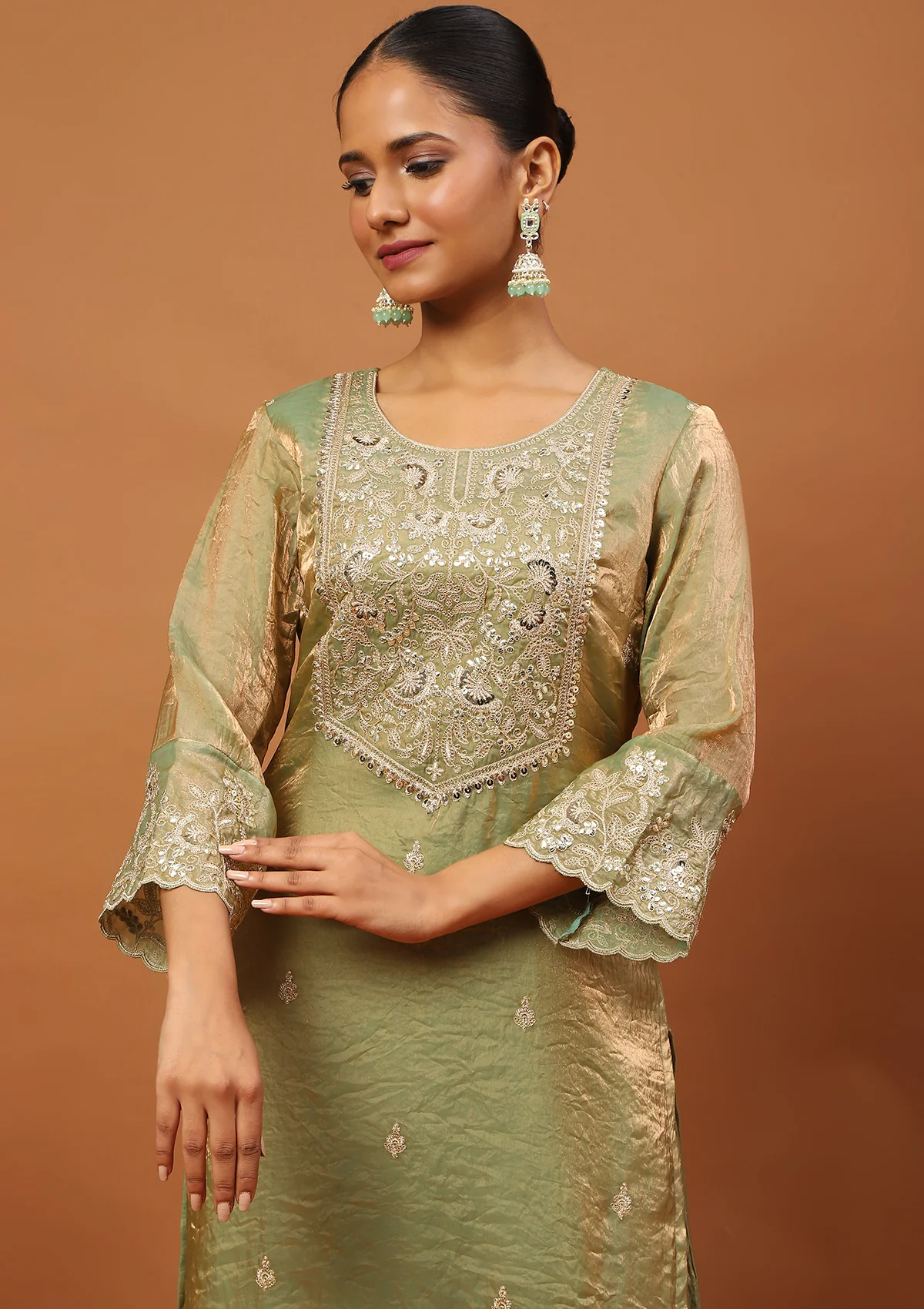 HOC Satin Tissue Silk Zardozi with Sequins Solid Women’s 3 PC Straight Kurta Set - Pista Green - Image 4