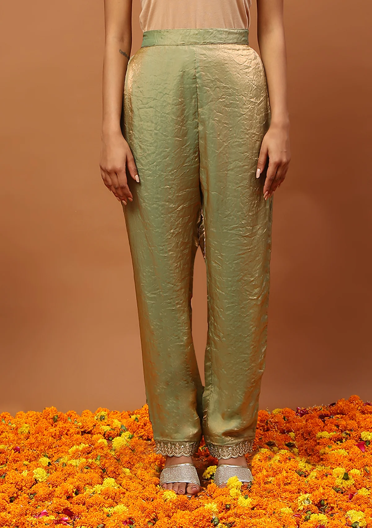 HOC Satin Tissue Silk Zardozi with Sequins Solid Women’s 3 PC Straight Kurta Set - Pista Green - Image 5