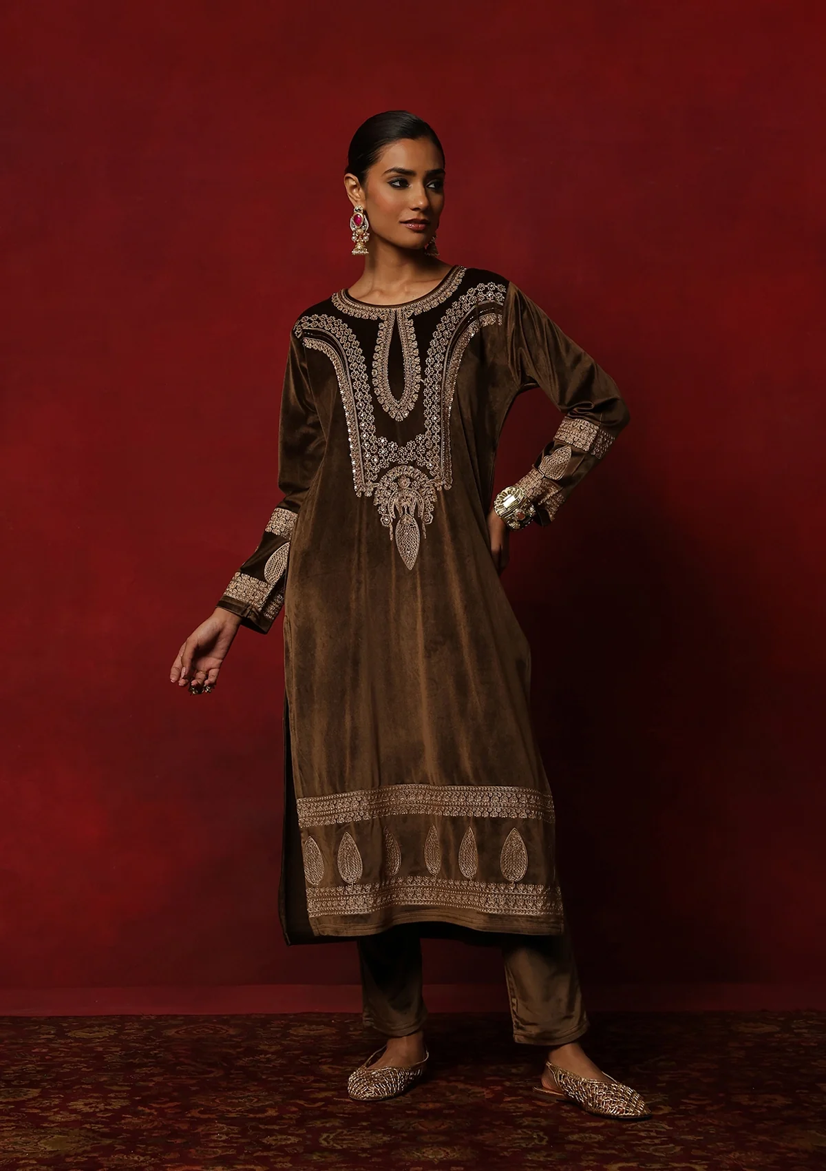 HOC Velvet Embroidered & Embellished Solid Women's 3 PC Kurta Set- Brown - Image 3