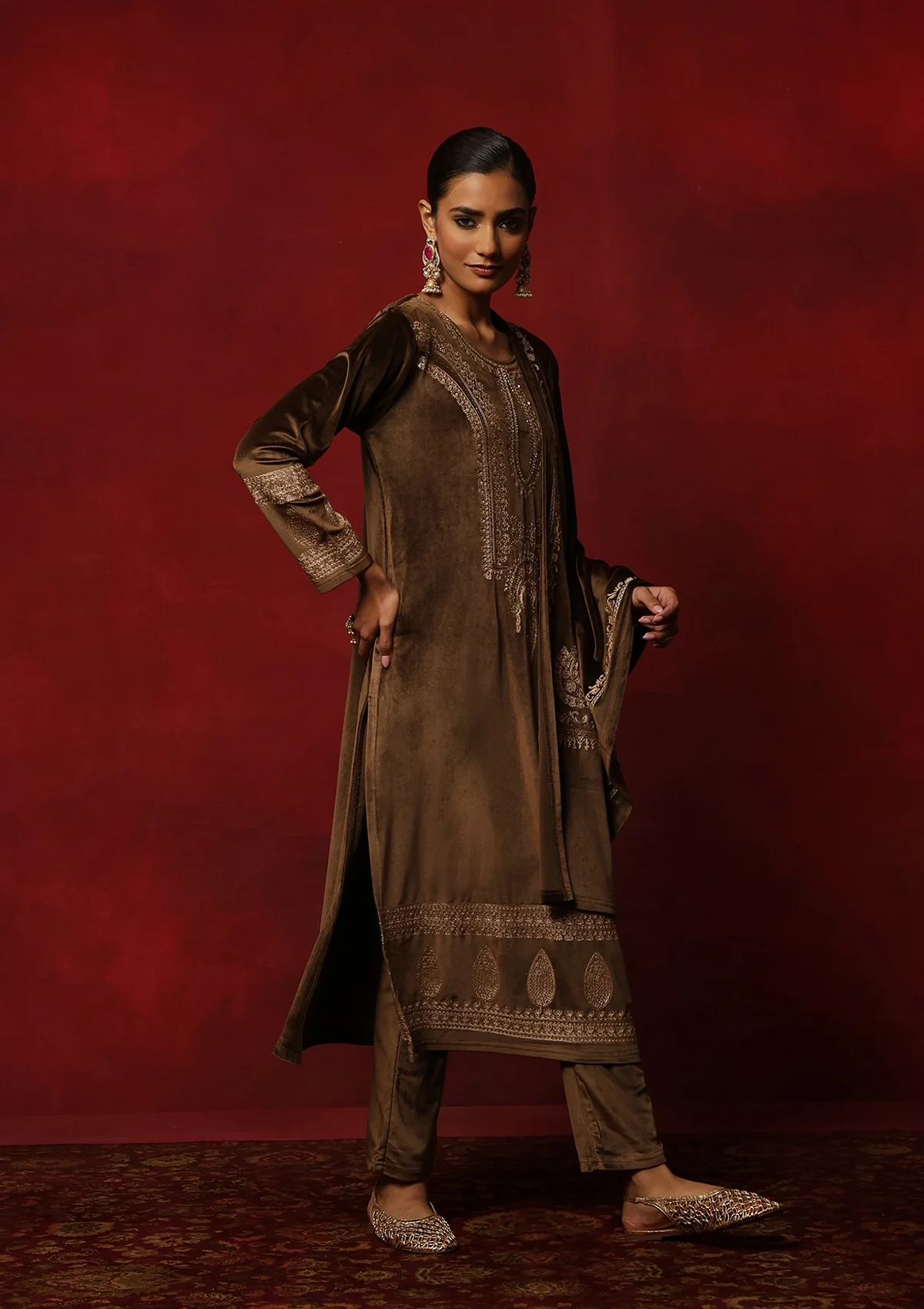 HOC Velvet Embroidered & Embellished Solid Women's 3 PC Kurta Set- Brown - Image 4