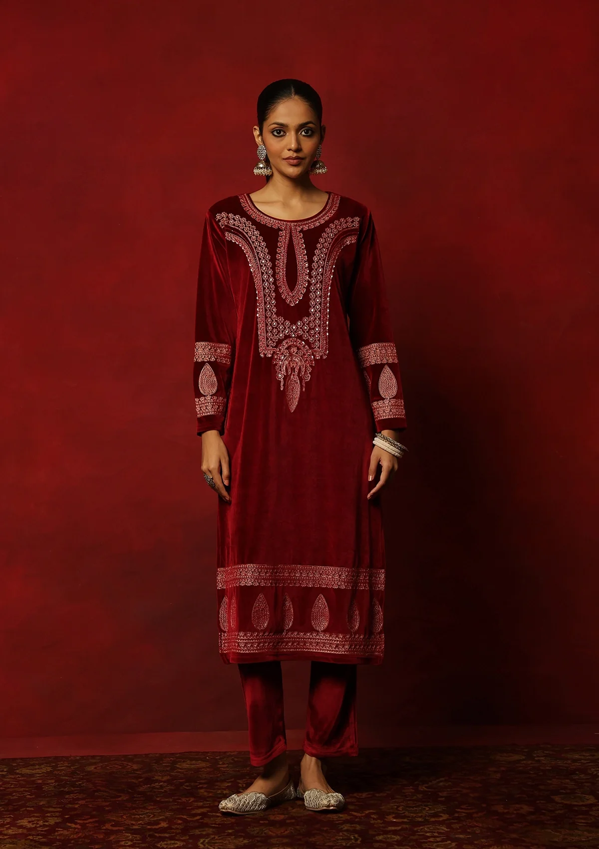 HOC Velvet Embroidered & Embellished Solid Women's 3 PC Kurta Set- Maroon - Image 3