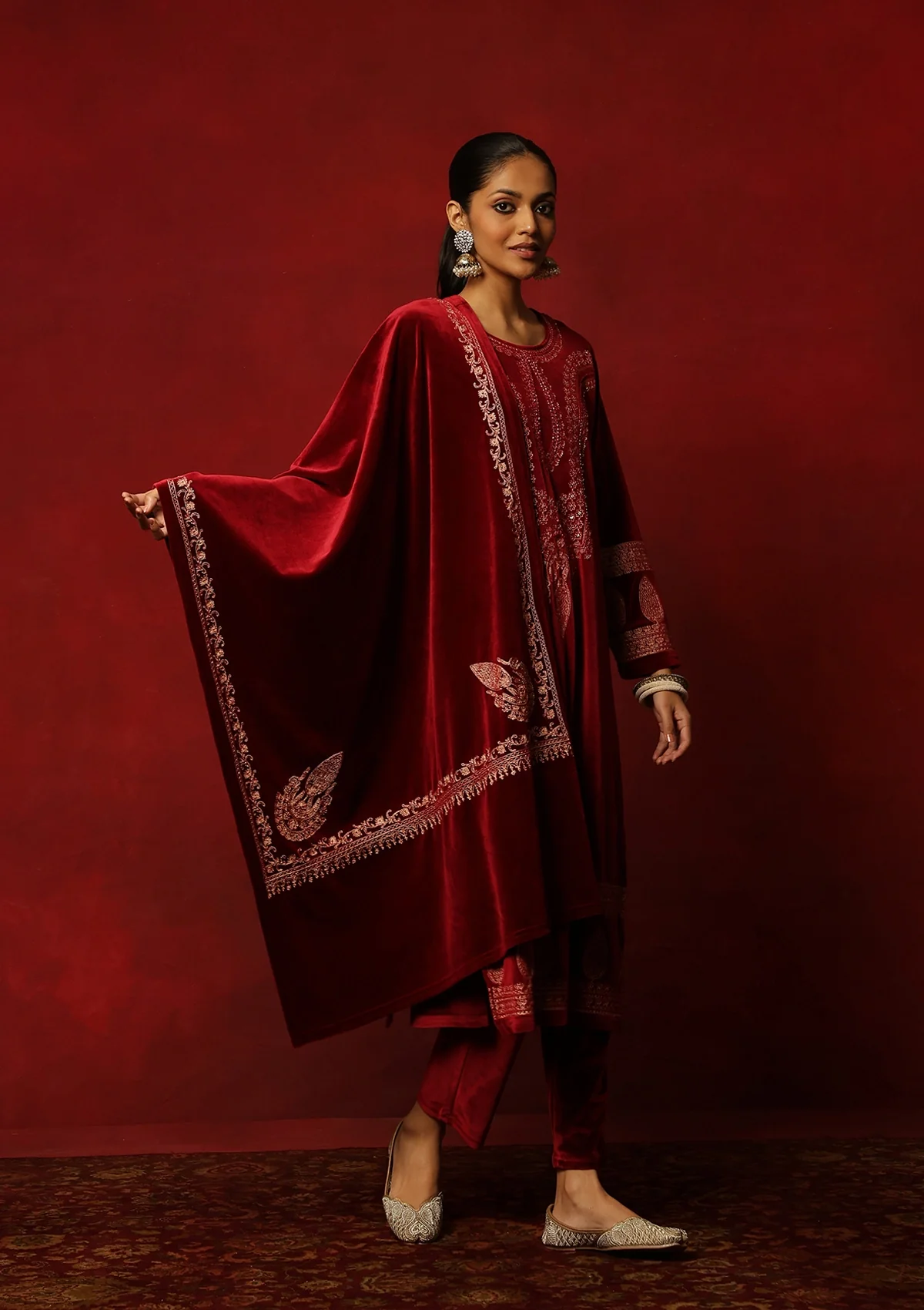 HOC Velvet Embroidered & Embellished Solid Women's 3 PC Kurta Set- Maroon - Image 5