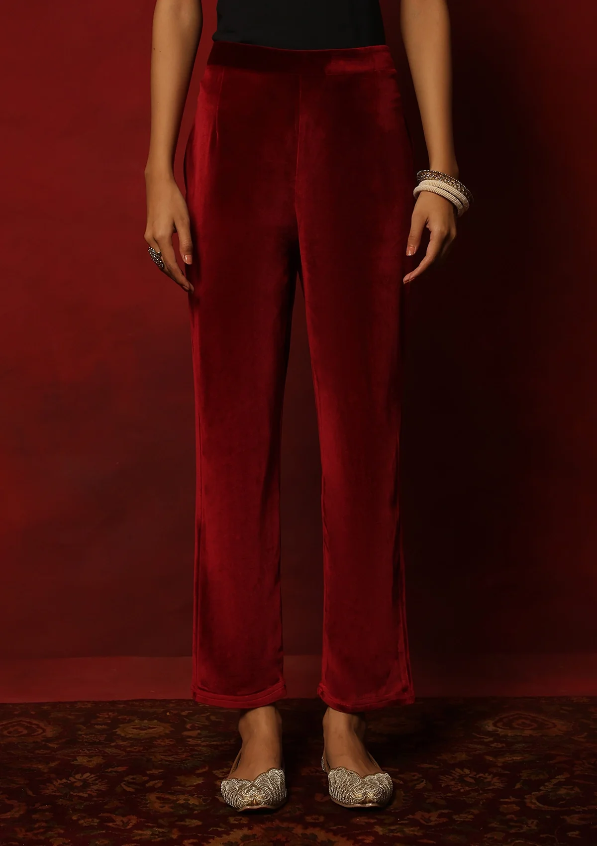 HOC Velvet Embroidered & Embellished Solid Women's 3 PC Kurta Set- Maroon - Image 6