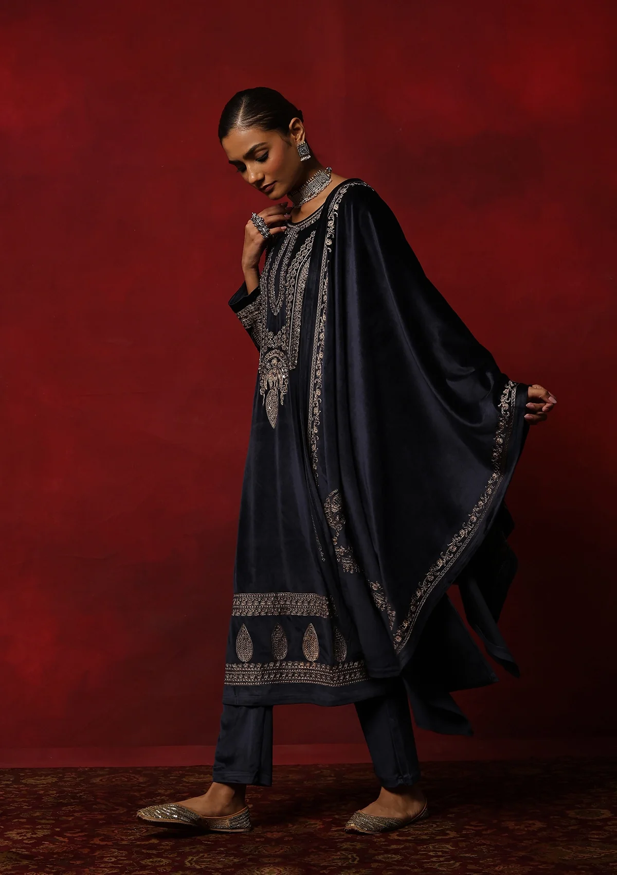HOC Velvet Embroidered & Embellished Solid Women's 3 PC Kurta Set- Navy Blue - Image 3
