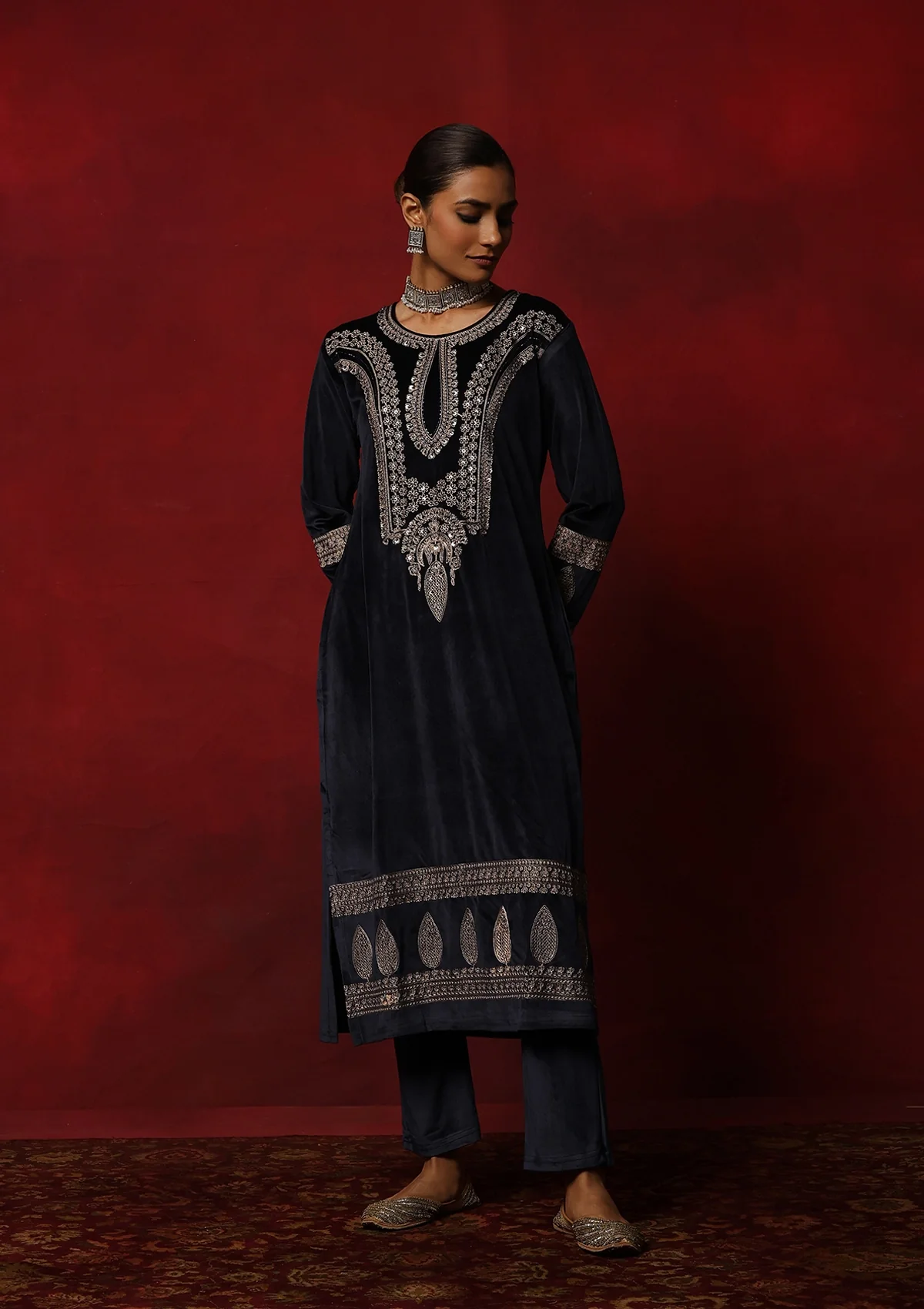 HOC Velvet Embroidered & Embellished Solid Women's 3 PC Kurta Set- Navy Blue - Image 5