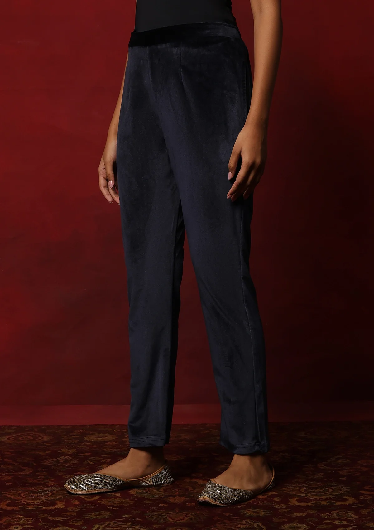 HOC Velvet Embroidered & Embellished Solid Women's 3 PC Kurta Set- Navy Blue - Image 6