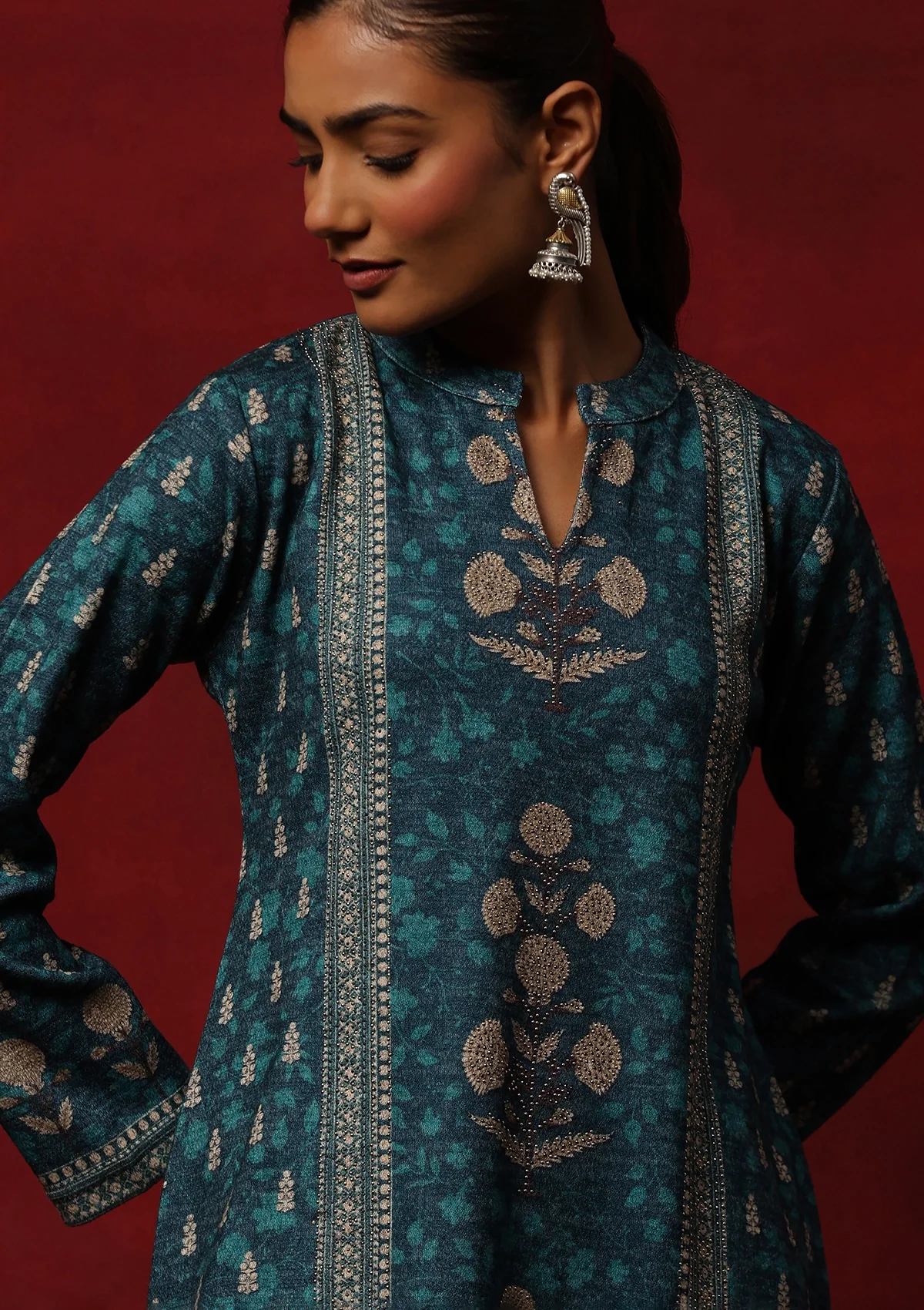 HOC Woollen Hand Embellished Printed Women's 3 PC Kurta Set - Teal Green - Image 3