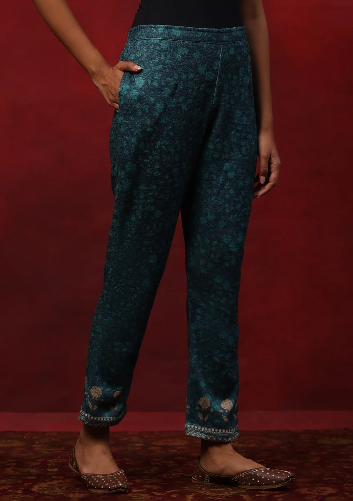 HOC Woollen Hand Embellished Printed Women's 3 PC Kurta Set - Teal Green - Image 6