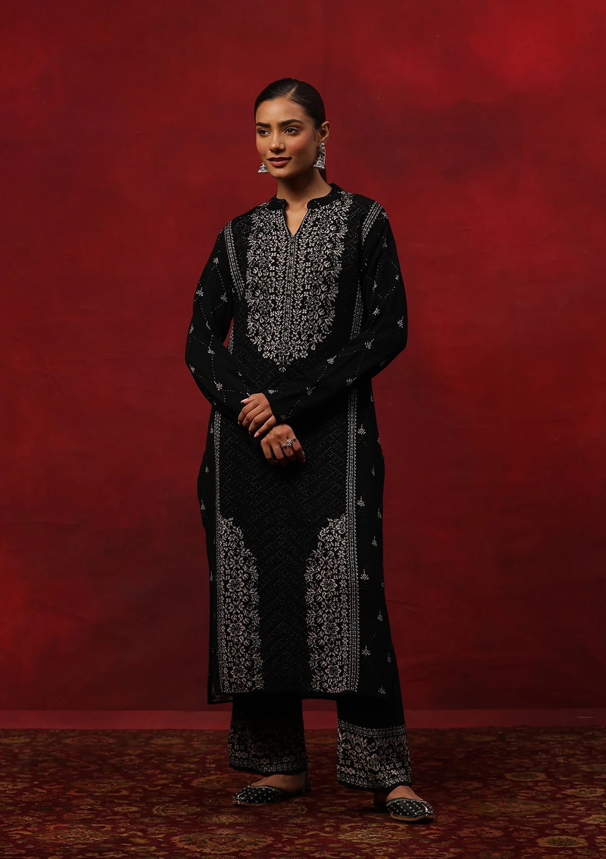 HOC Crafts Woollen Hand Embellished Solid Women's 3 PC Kurta Set - Black - Image 3