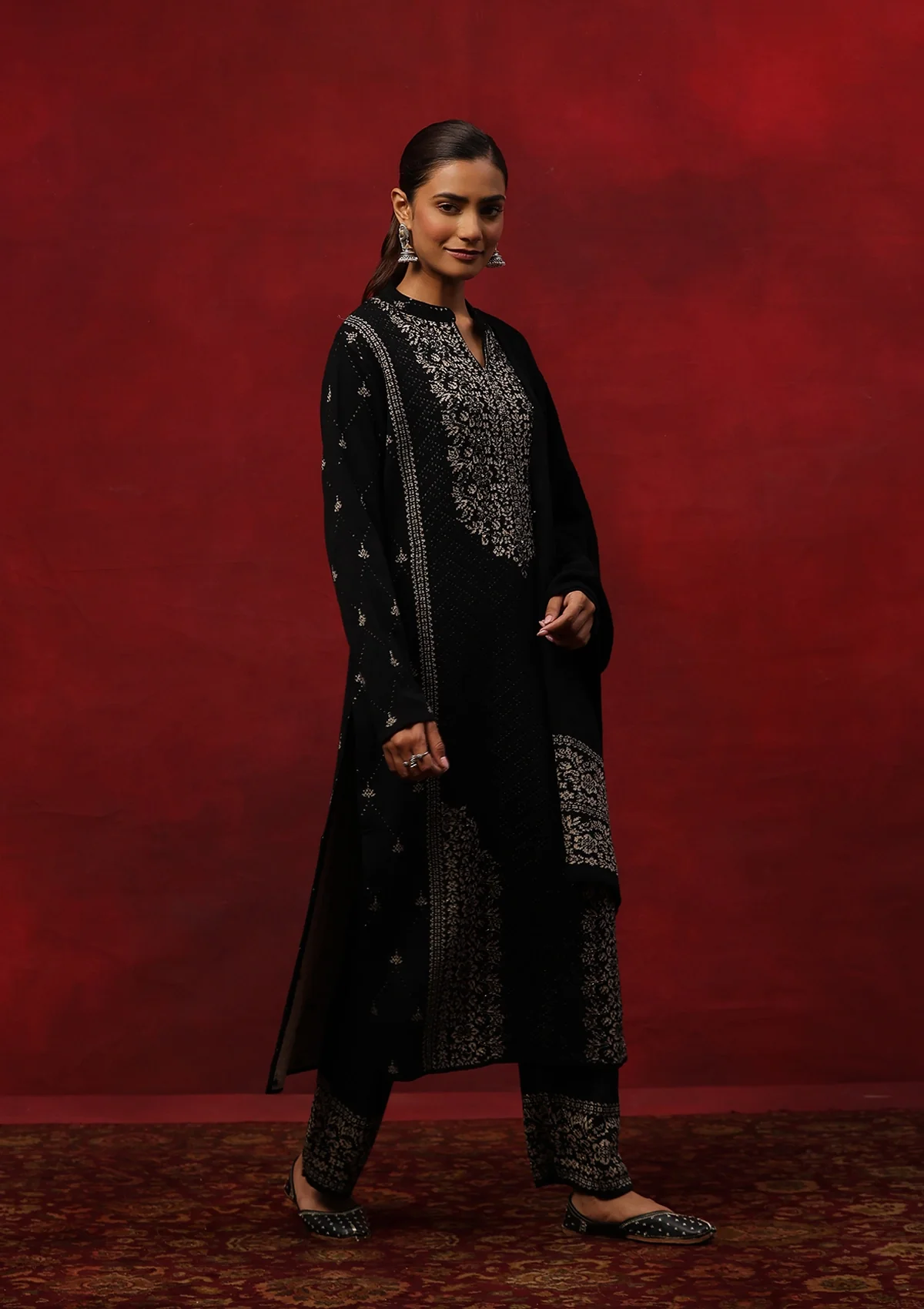 HOC Crafts Woollen Hand Embellished Solid Women's 3 PC Kurta Set - Black - Image 4