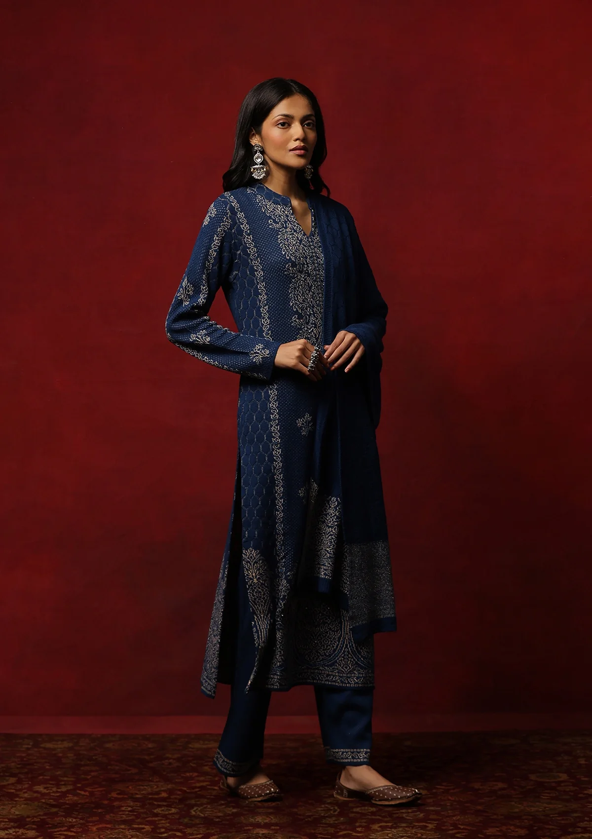 HOC Crafts Woollen Hand Embellished Solid Women's 3 PC Kurta Set- Blue - Image 3