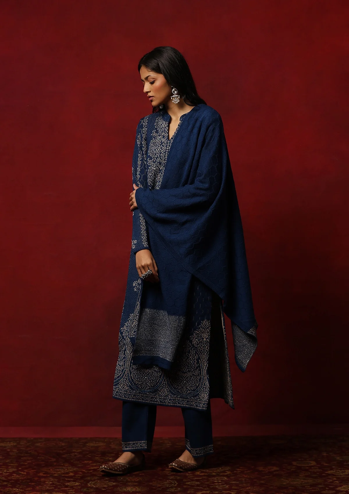 HOC Crafts Woollen Hand Embellished Solid Women's 3 PC Kurta Set- Blue - Image 5