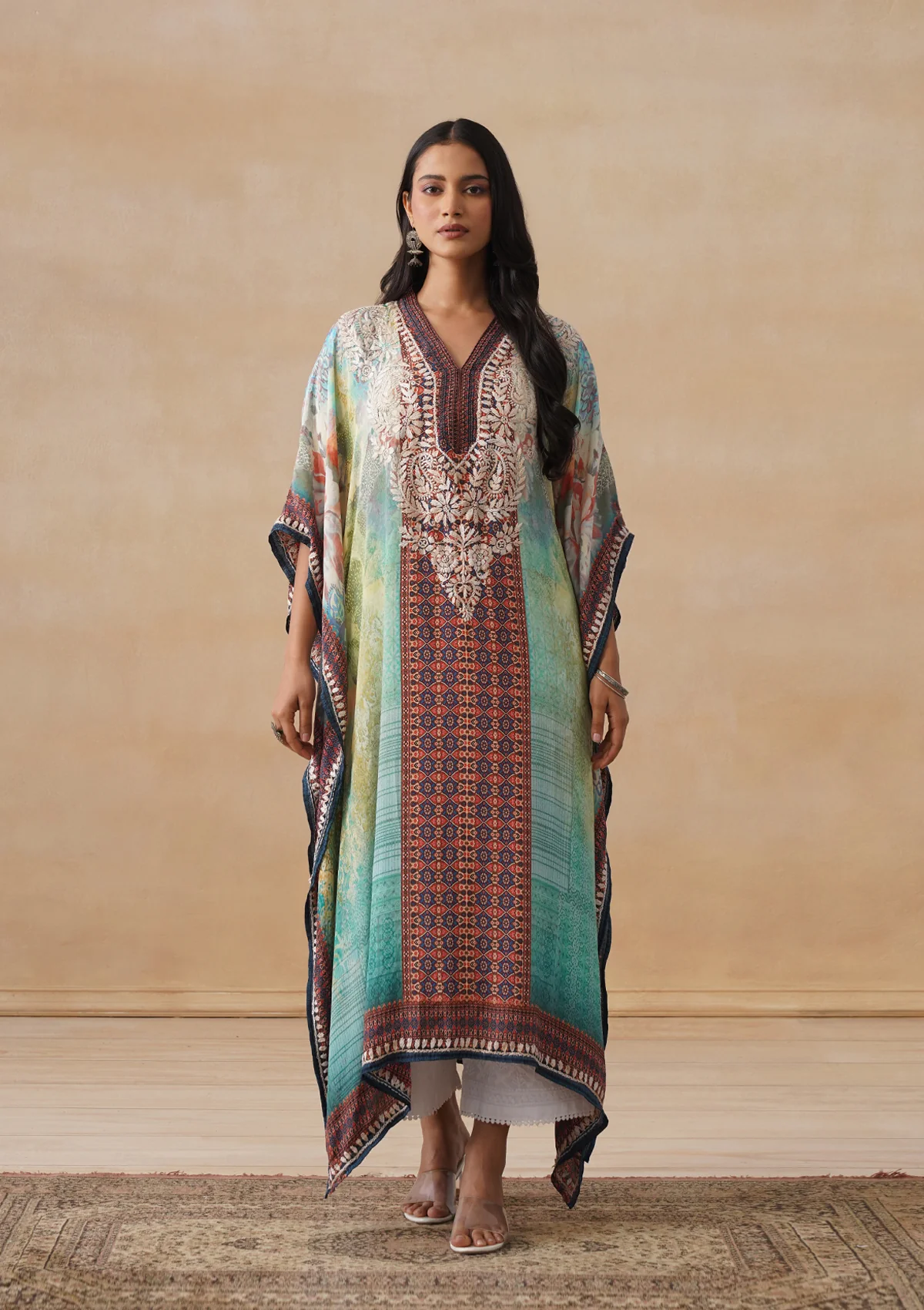 HOC Crepe Chikankari Printed Straight Women's Long Kaftan-Green