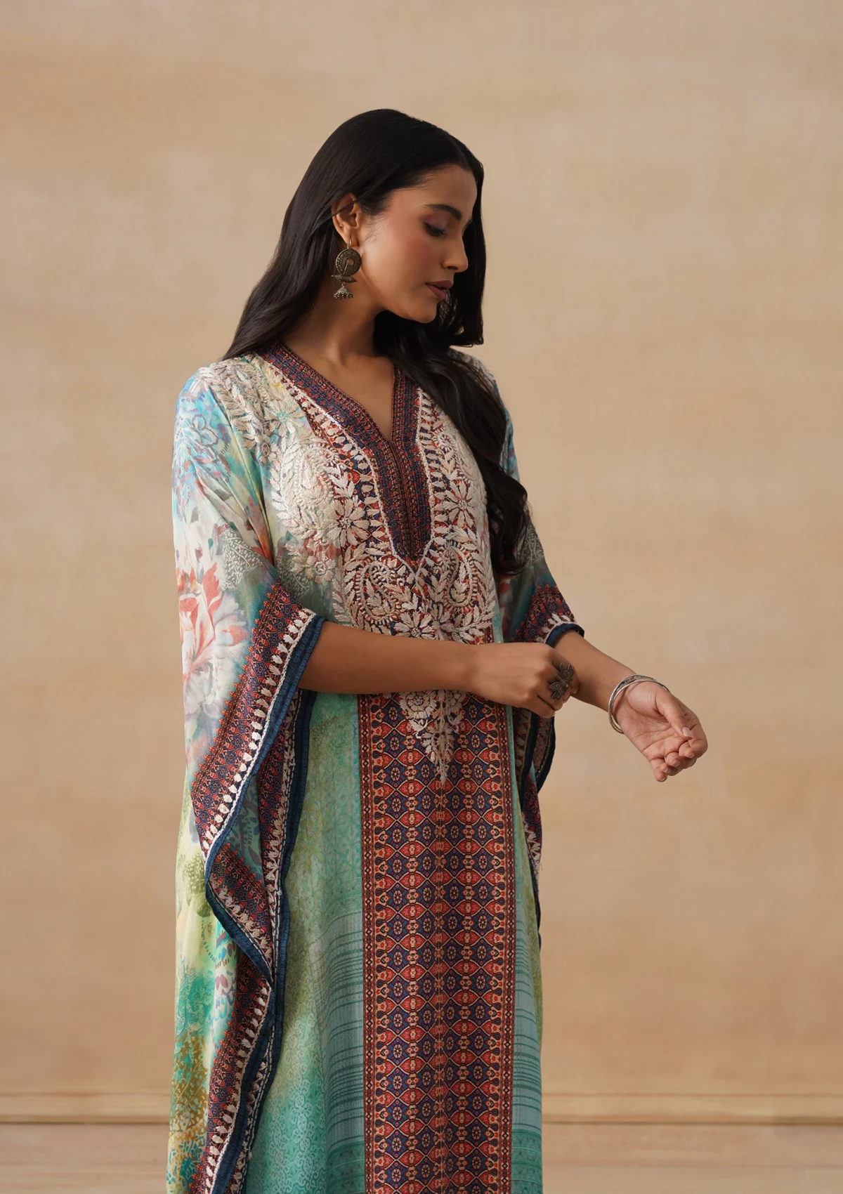 HOC Crepe Chikankari Printed Straight Women's Long Kaftan-Green - Image 11