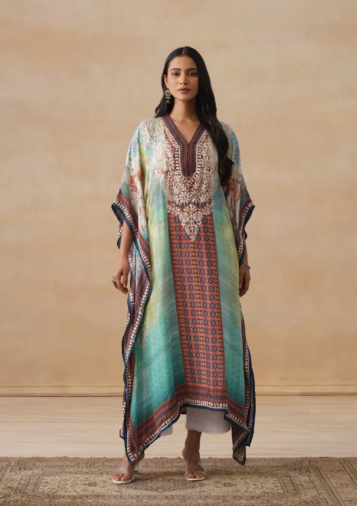 HOC Crepe Chikankari Printed Straight Women's Long Kaftan-Green - Image 2