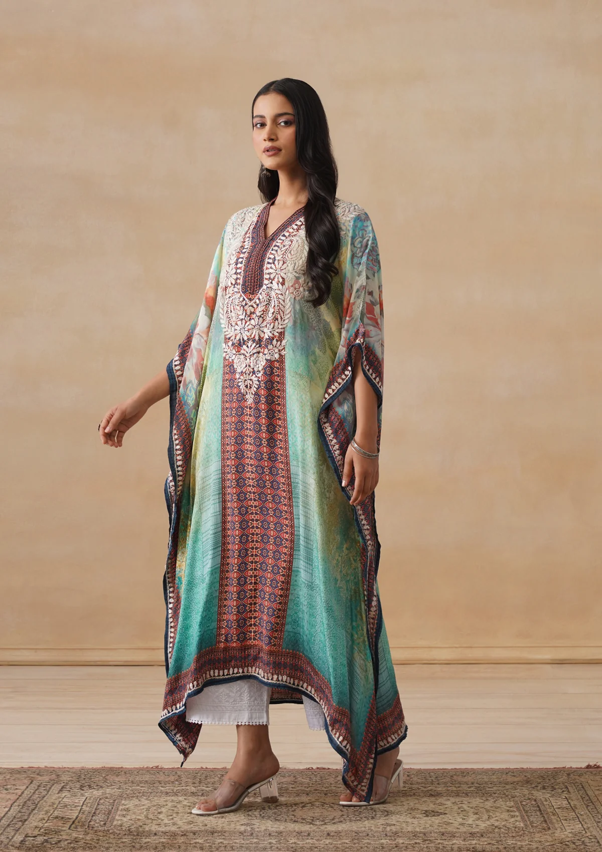 HOC Crepe Chikankari Printed Straight Women's Long Kaftan-Green - Image 3