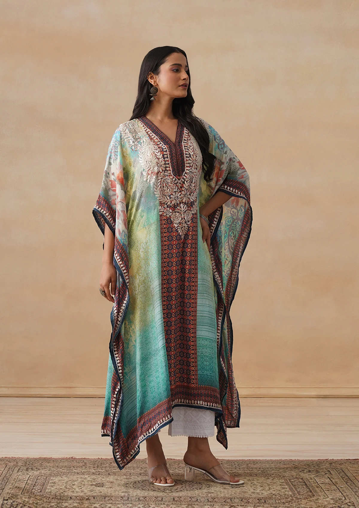 HOC Crepe Chikankari Printed Straight Women's Long Kaftan-Green - Image 4
