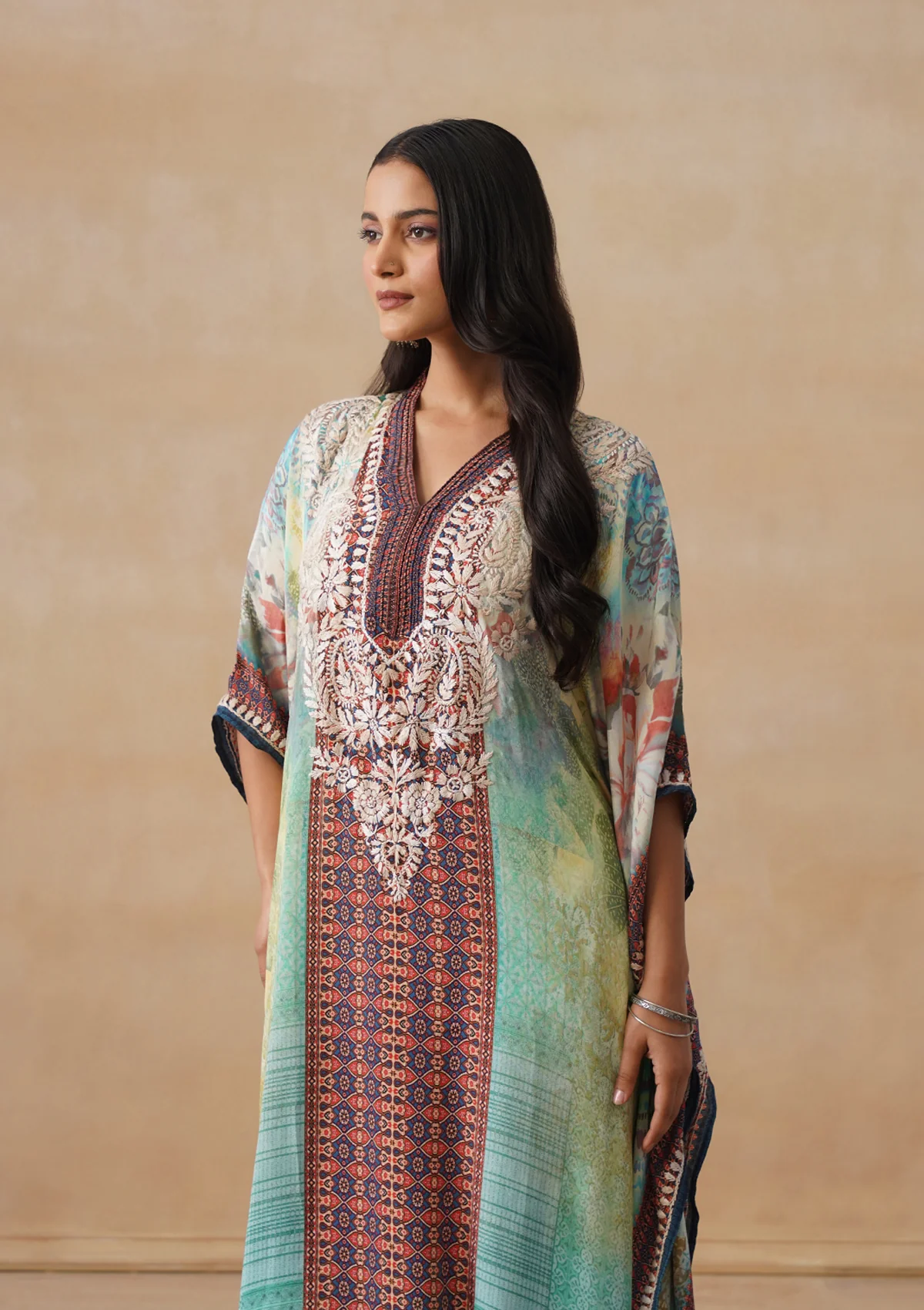 HOC Crepe Chikankari Printed Straight Women's Long Kaftan-Green - Image 6