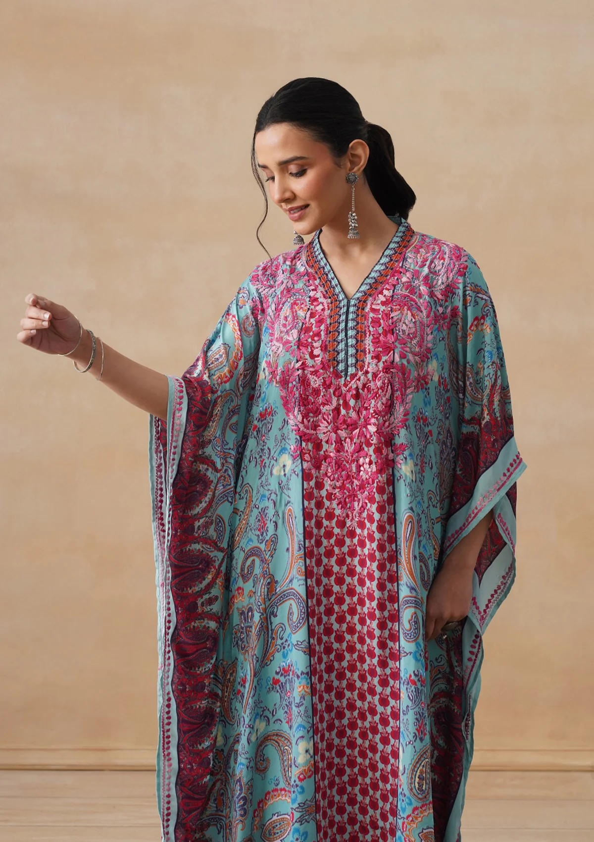 HOC Crepe Chikankari Printed Straight Women's Long Kaftan-Blue - Image 5