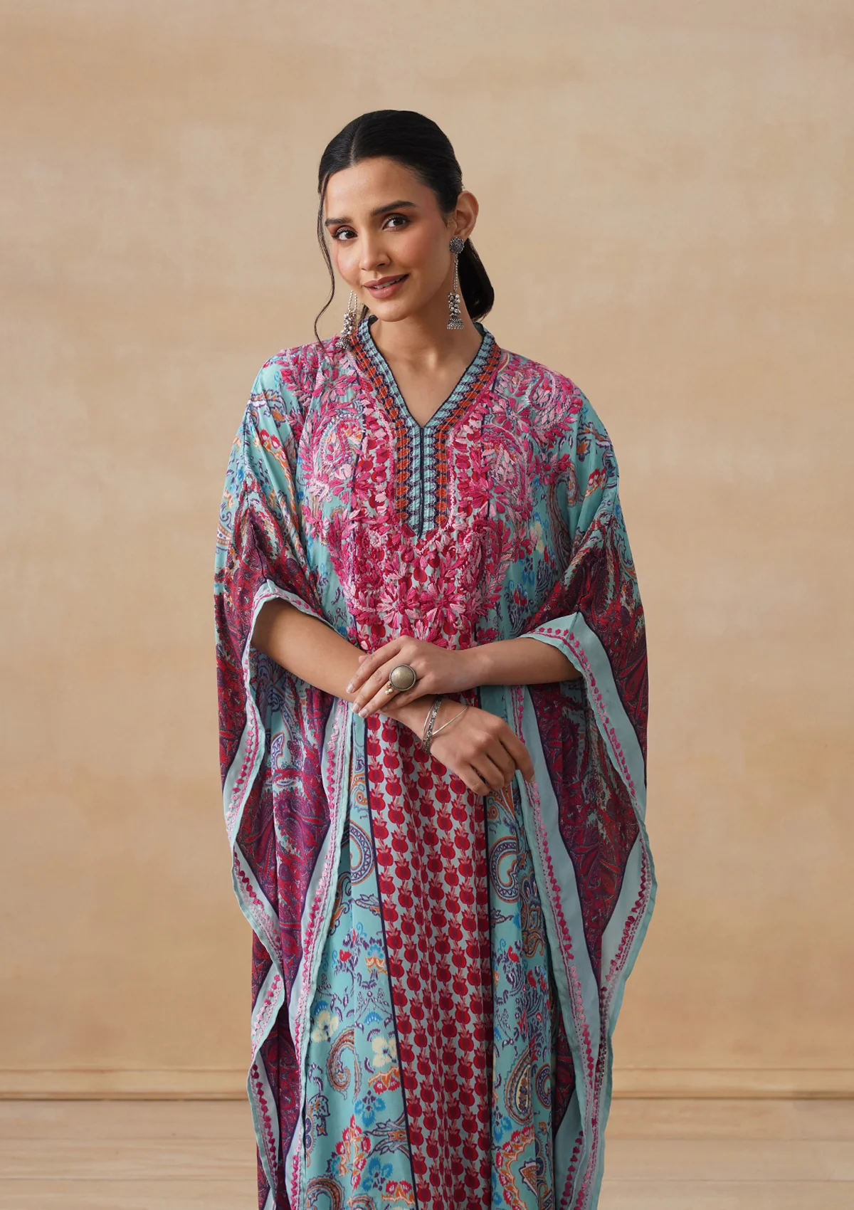 HOC Crepe Chikankari Printed Straight Women's Long Kaftan-Blue - Image 6