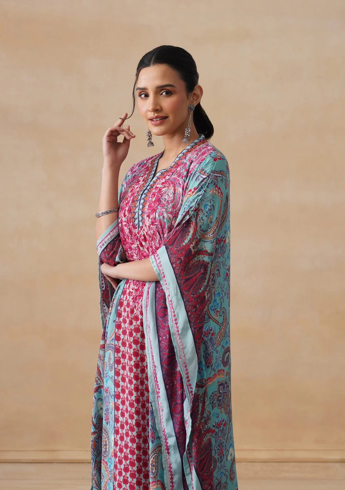 HOC Crepe Chikankari Printed Straight Women's Long Kaftan-Blue - Image 9
