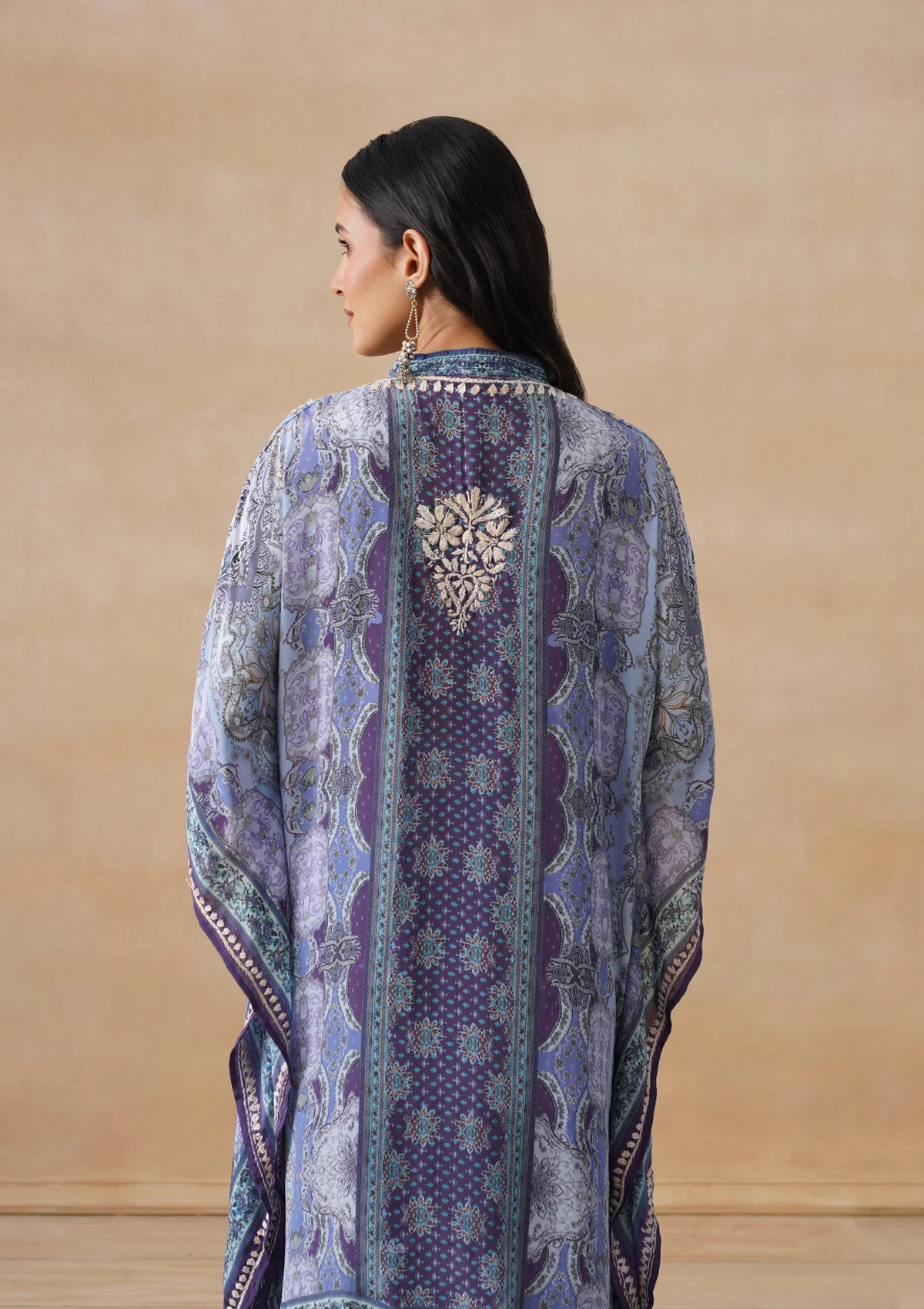 HOC Crepe Chikankari Printed Straight Women's Short Kaftan-Blue - Image 12