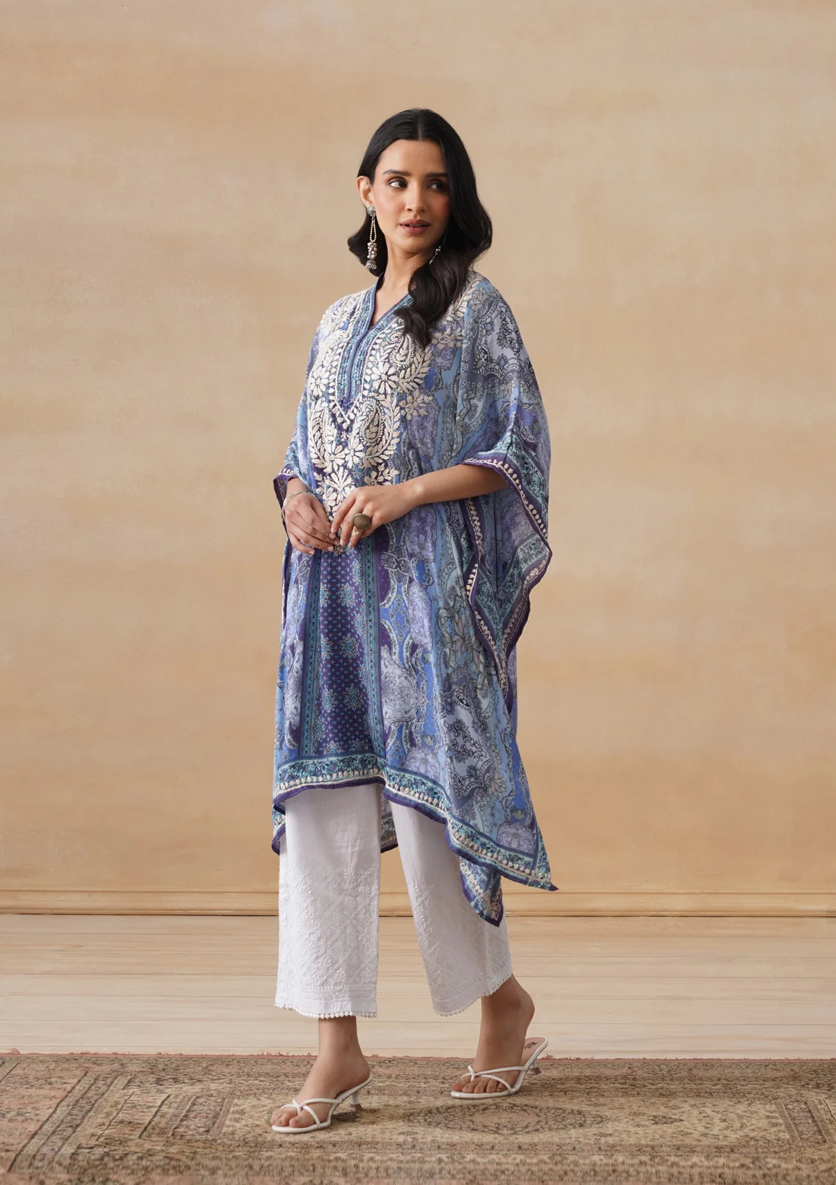 HOC Crepe Chikankari Printed Straight Women's Short Kaftan-Blue - Image 3